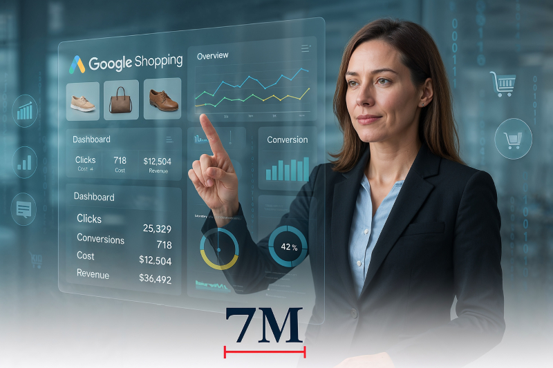Businesswoman interacting with a futuristic Google Shopping Ads dashboard in a high-tech workspace.