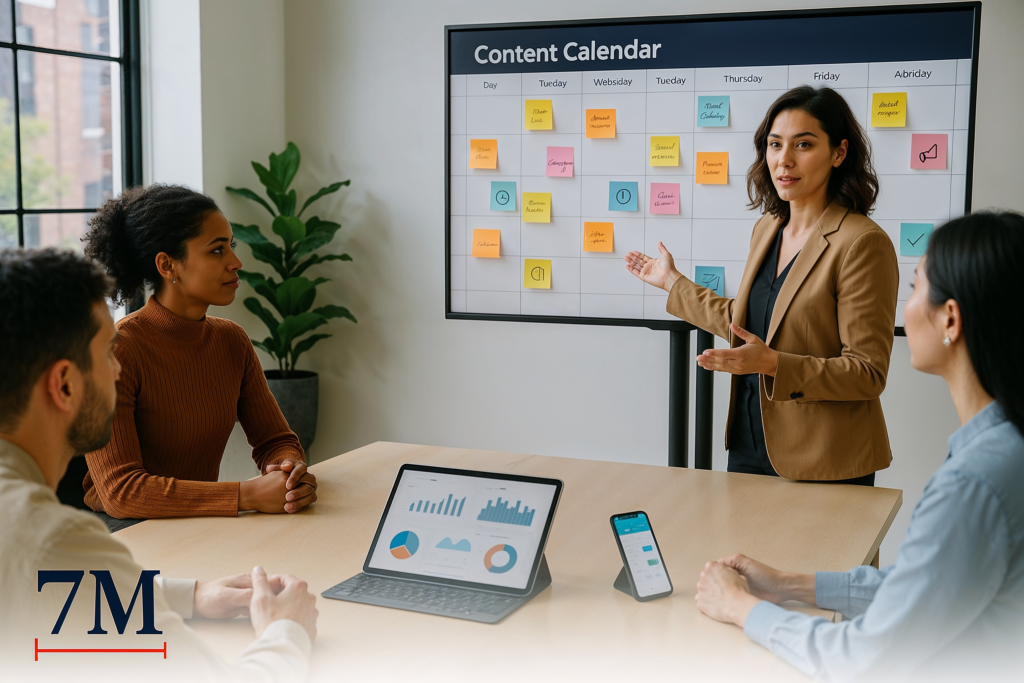 A businesswoman planning social media campaigns with a digital content calendar in a modern office, surrounded by a creative team, analytics devices, and colorful planning tools.