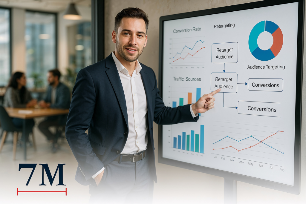 Business professional strategizing Google remarketing ads on a digital whiteboard with data graphs and conversion flowcharts in a modern marketing office.