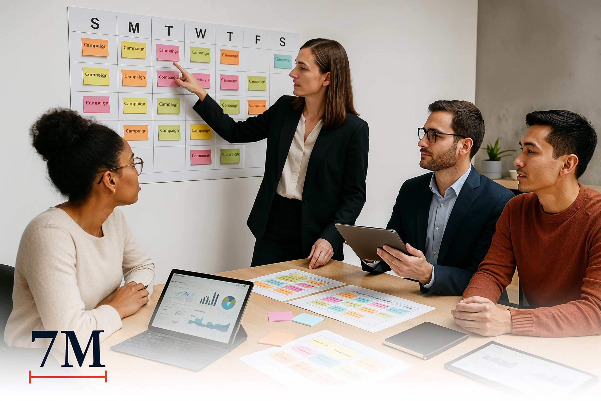 Marketing team planning campaigns together with printed calendars, digital dashboards, and color-coded schedules in a modern office.