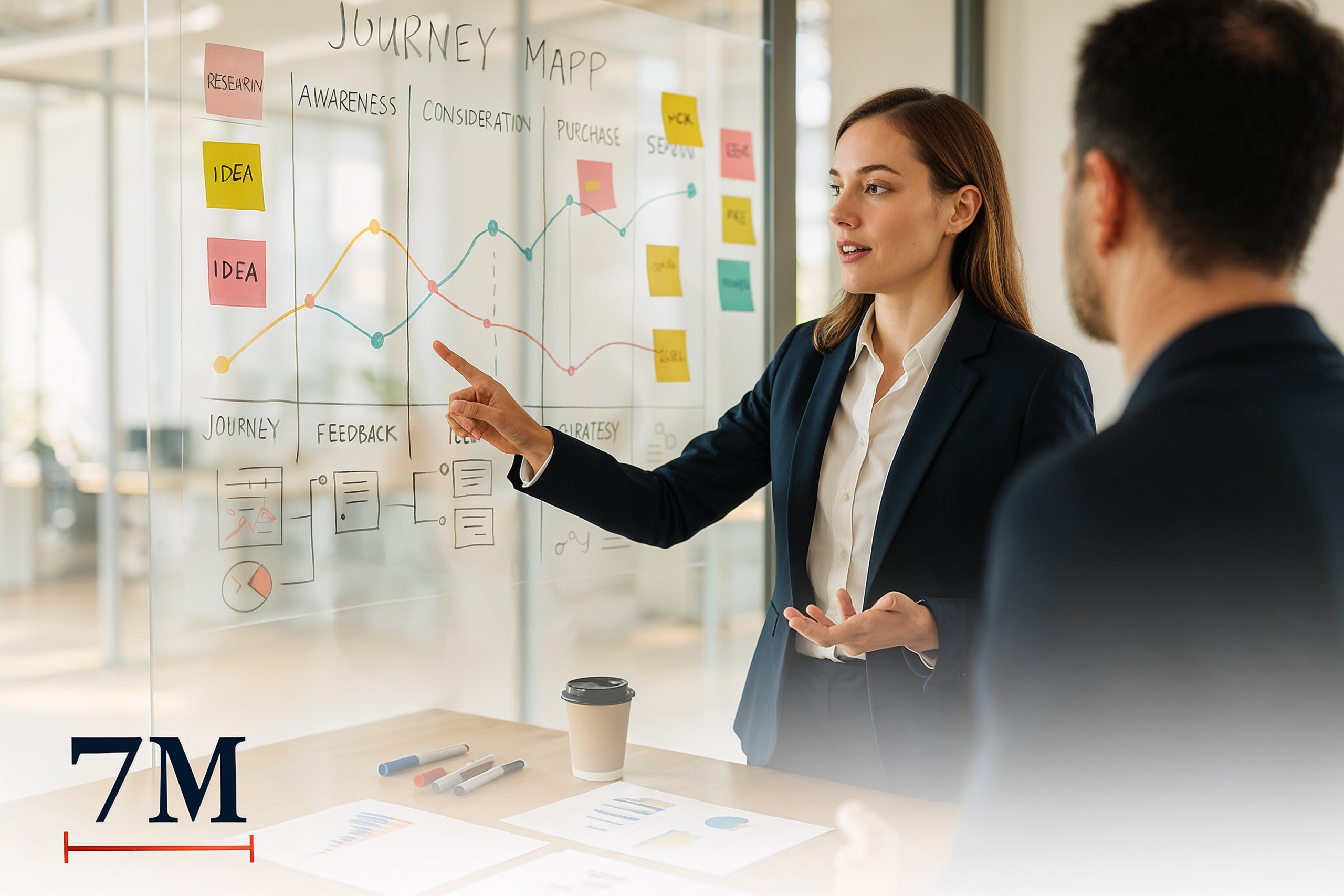 A marketing strategist in business attire mapping the customer journey on a glass wall surrounded by diagrams and notes in a creative workspace.