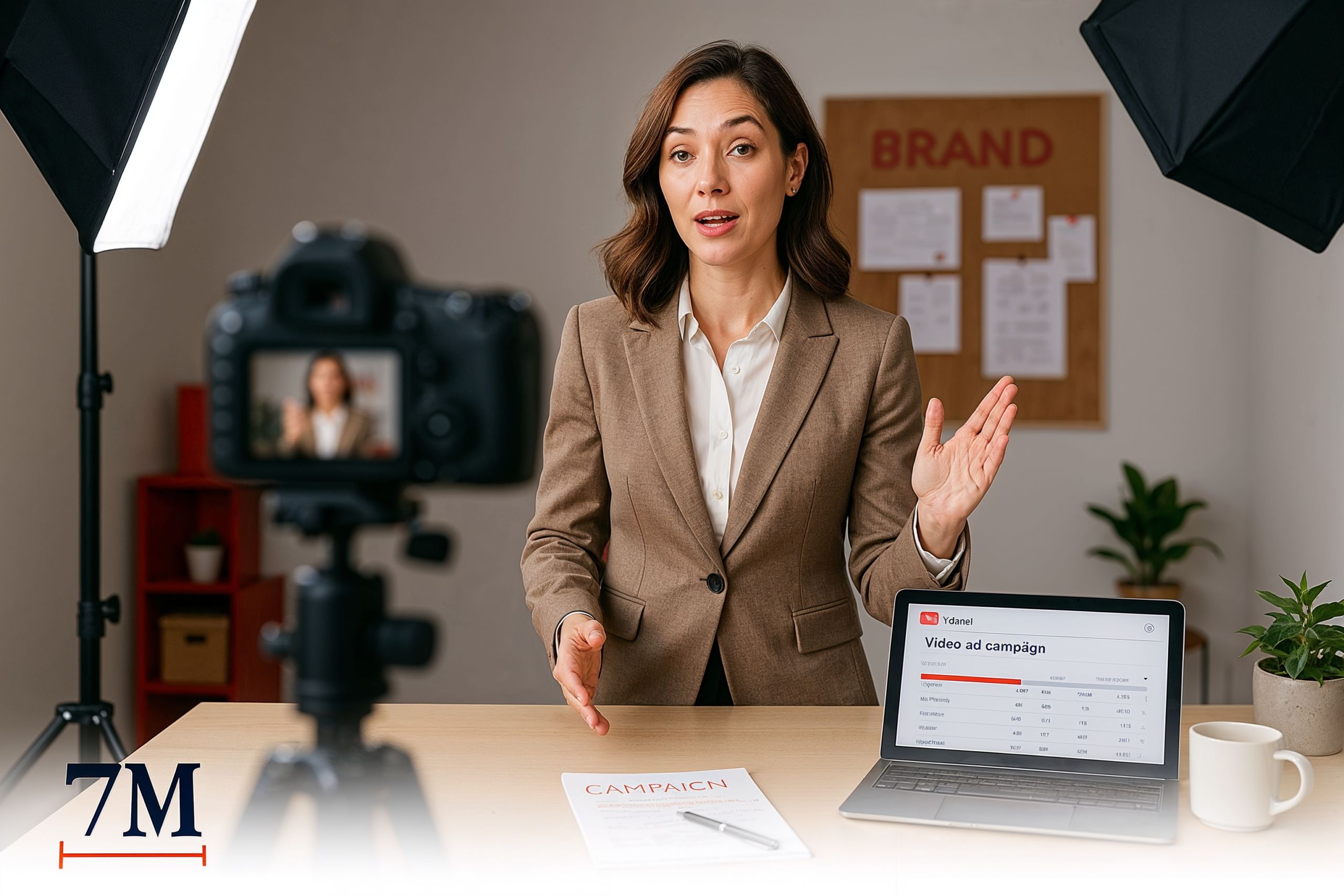 Business professional presenting YouTube video ad strategy in a modern creative studio with digital marketing props.