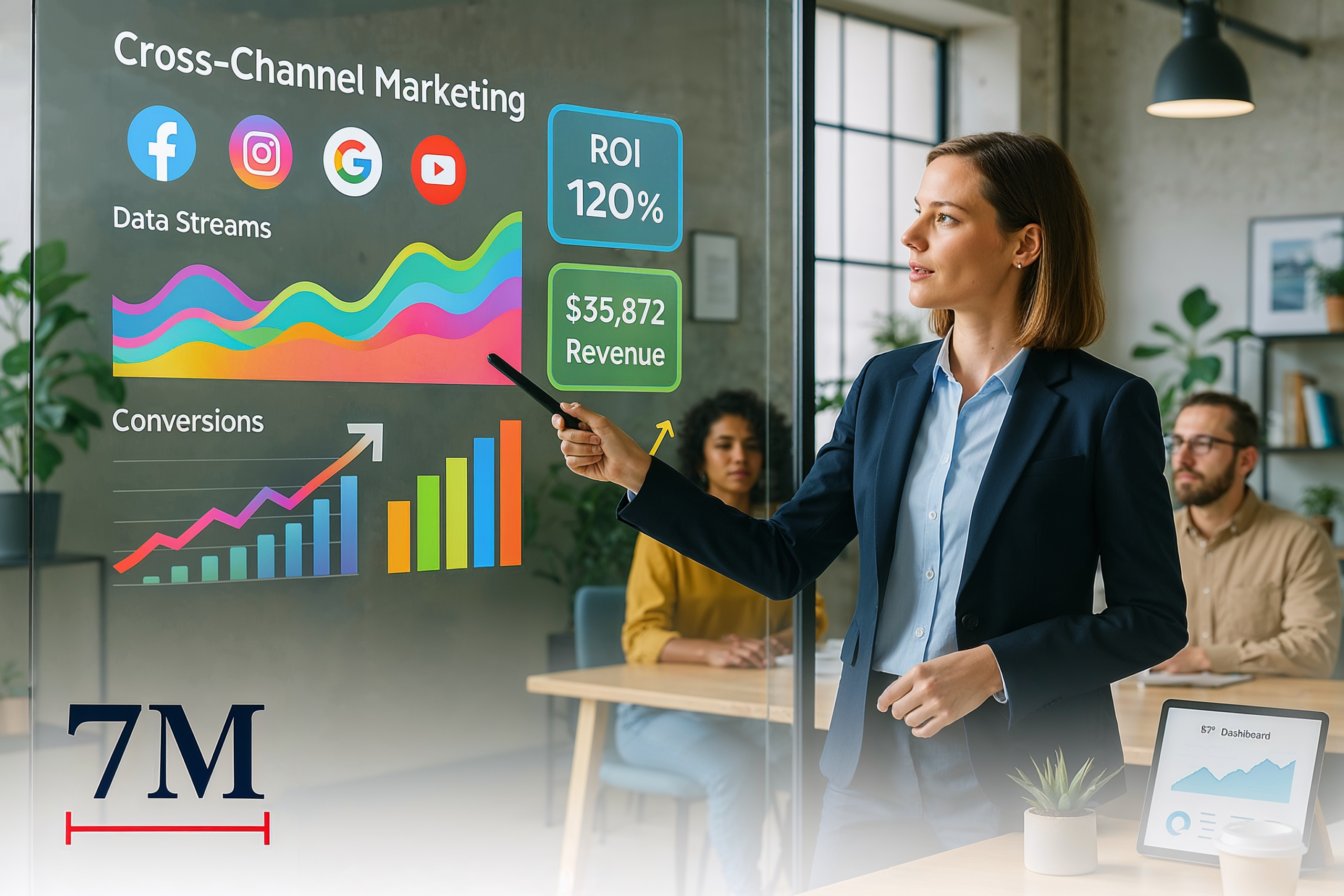 Marketing team leader presenting ROI dashboard with cross-channel marketing data to a team in a creative business workspace.