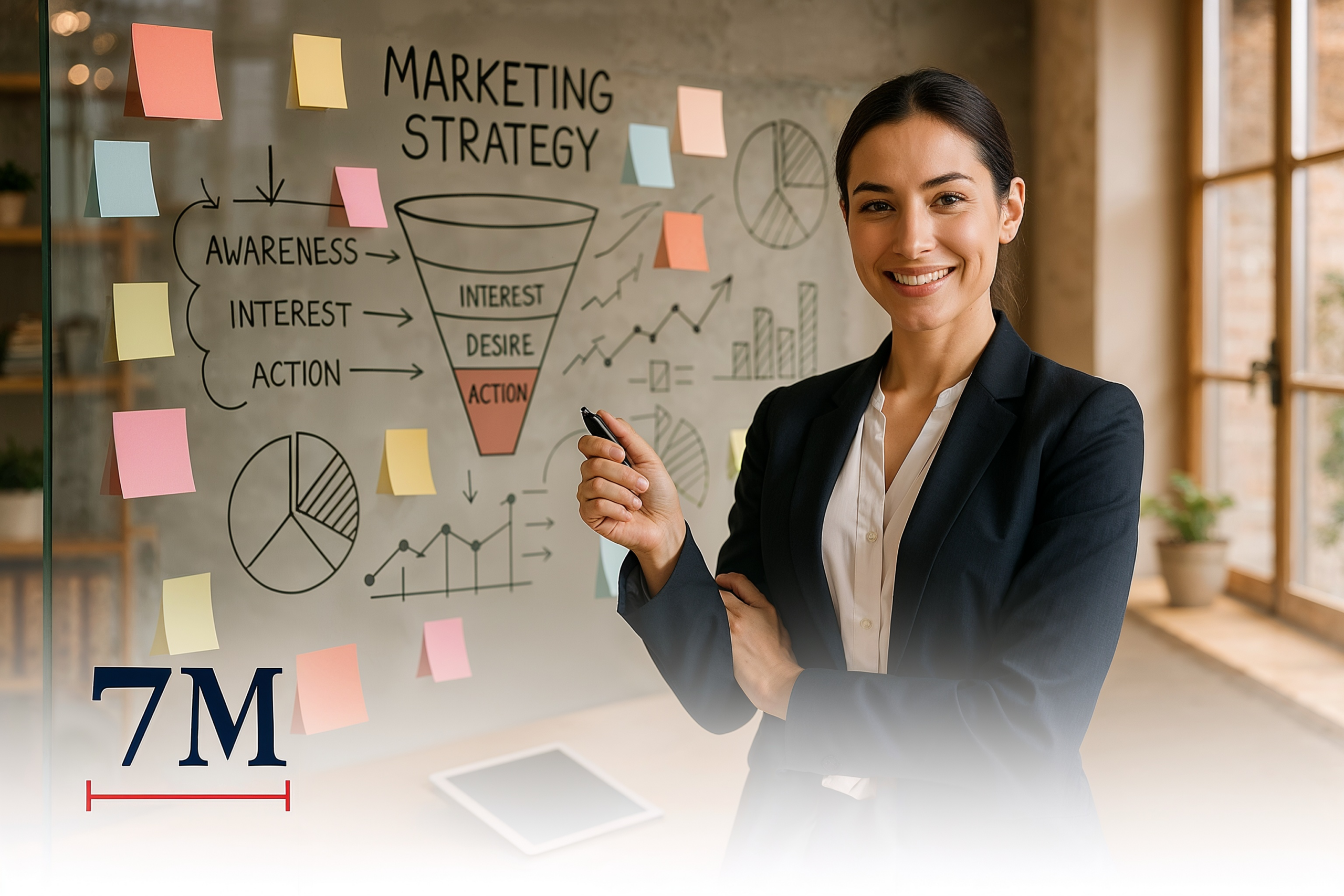 Professional marketer in business attire presenting education marketing strategies in a modern creative workspace.