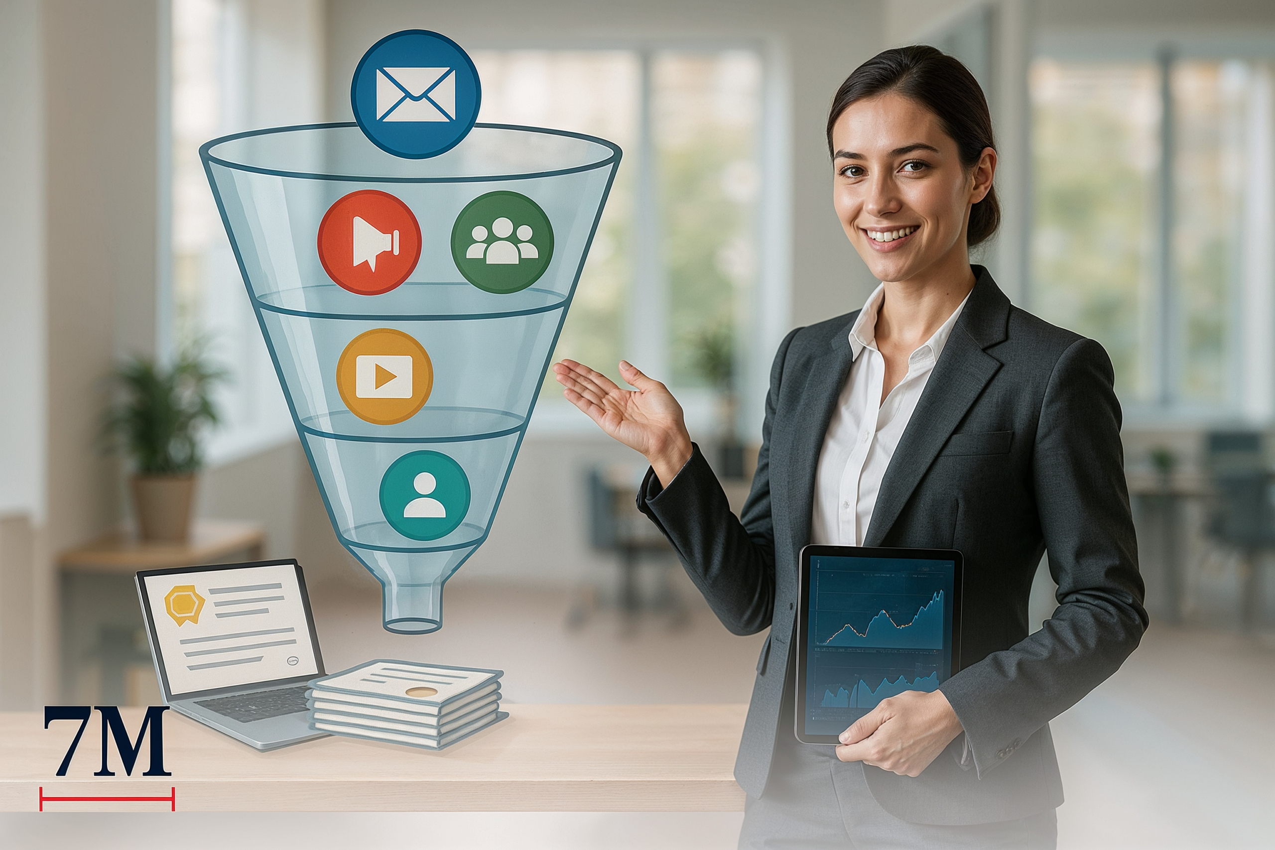 Business professional explaining a multi-level glass sales funnel with digital marketing icons, analytics, and course sales notifications in a modern office.