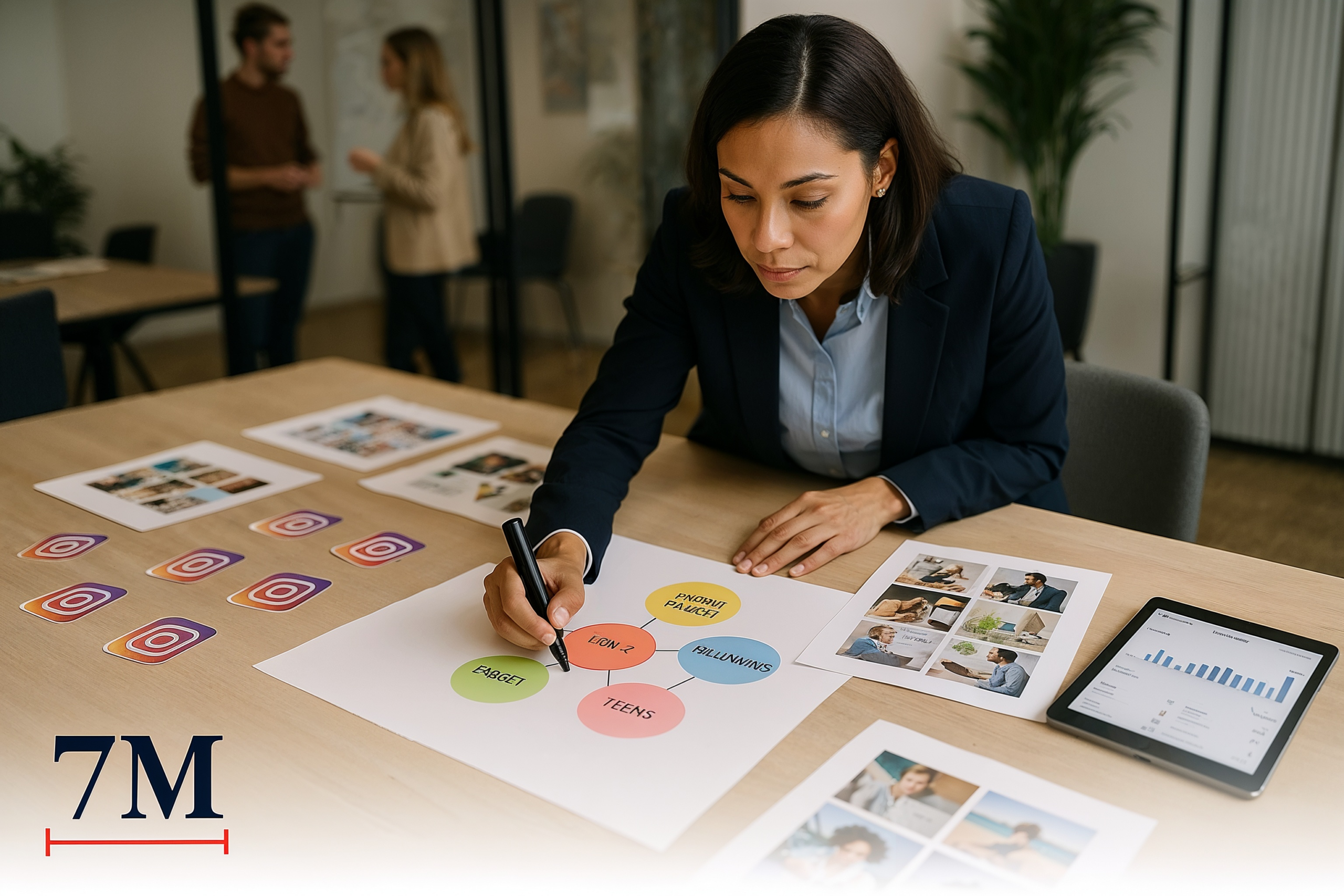 Marketing strategist analyzing Instagram ad audience segmentation and creative strategies in a collaborative office setting