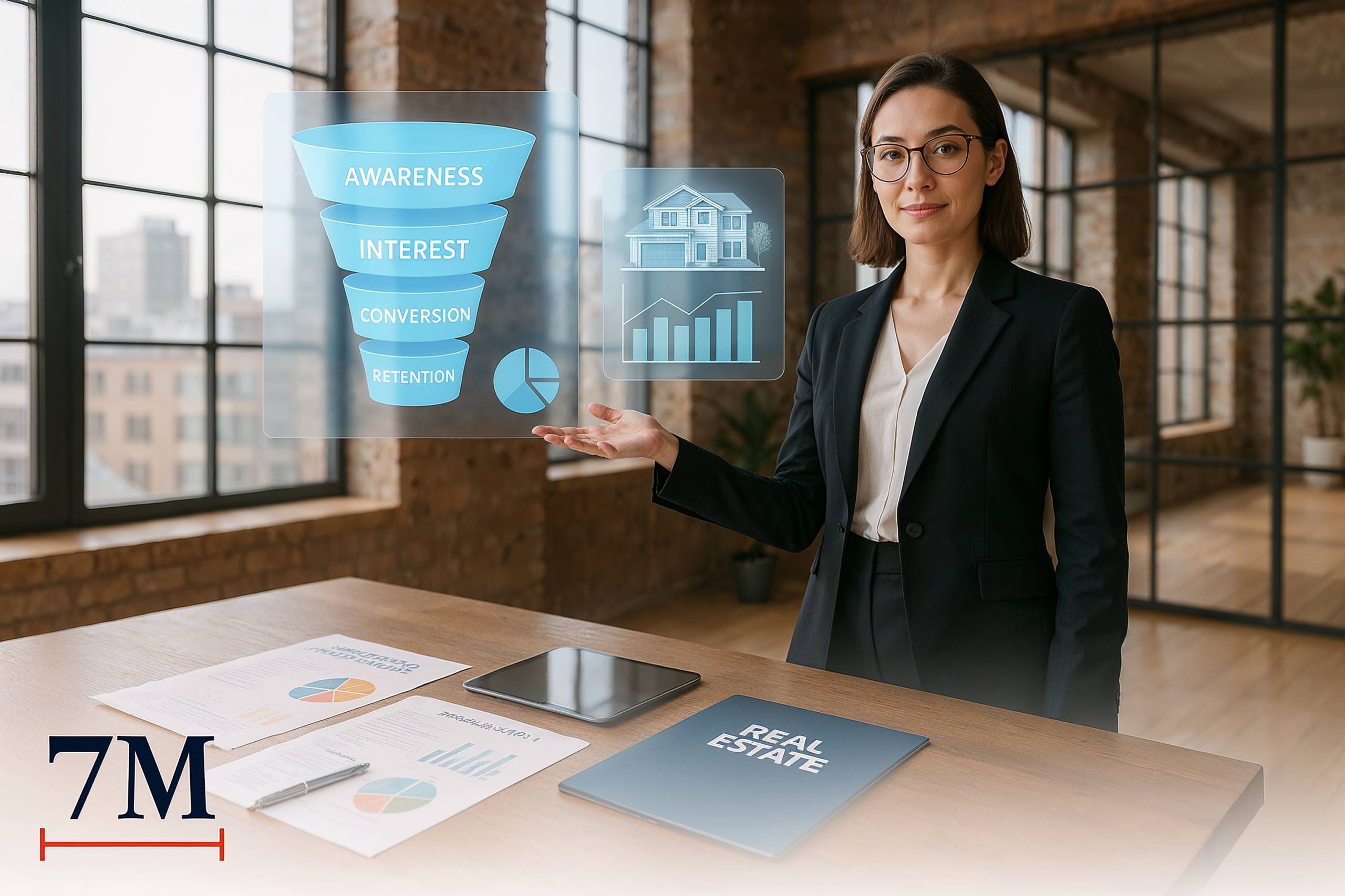 Businesswoman in modern loft interacting with 3D digital marketing display and property visuals, surrounded by real estate analytics and branding materials.