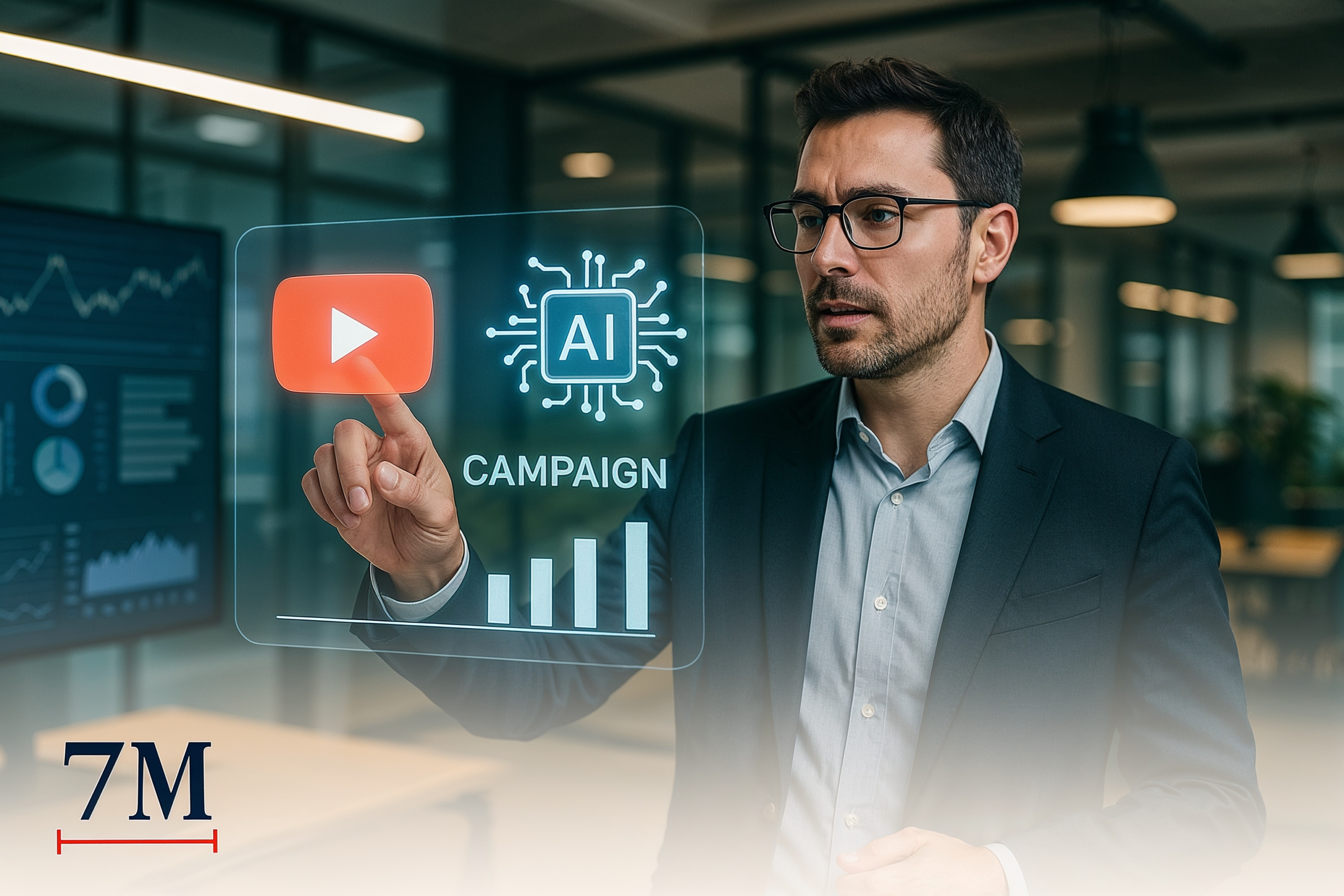 Business professional in creative workspace engaging with holographic YouTube ad targeting dashboards and AI data visualizations