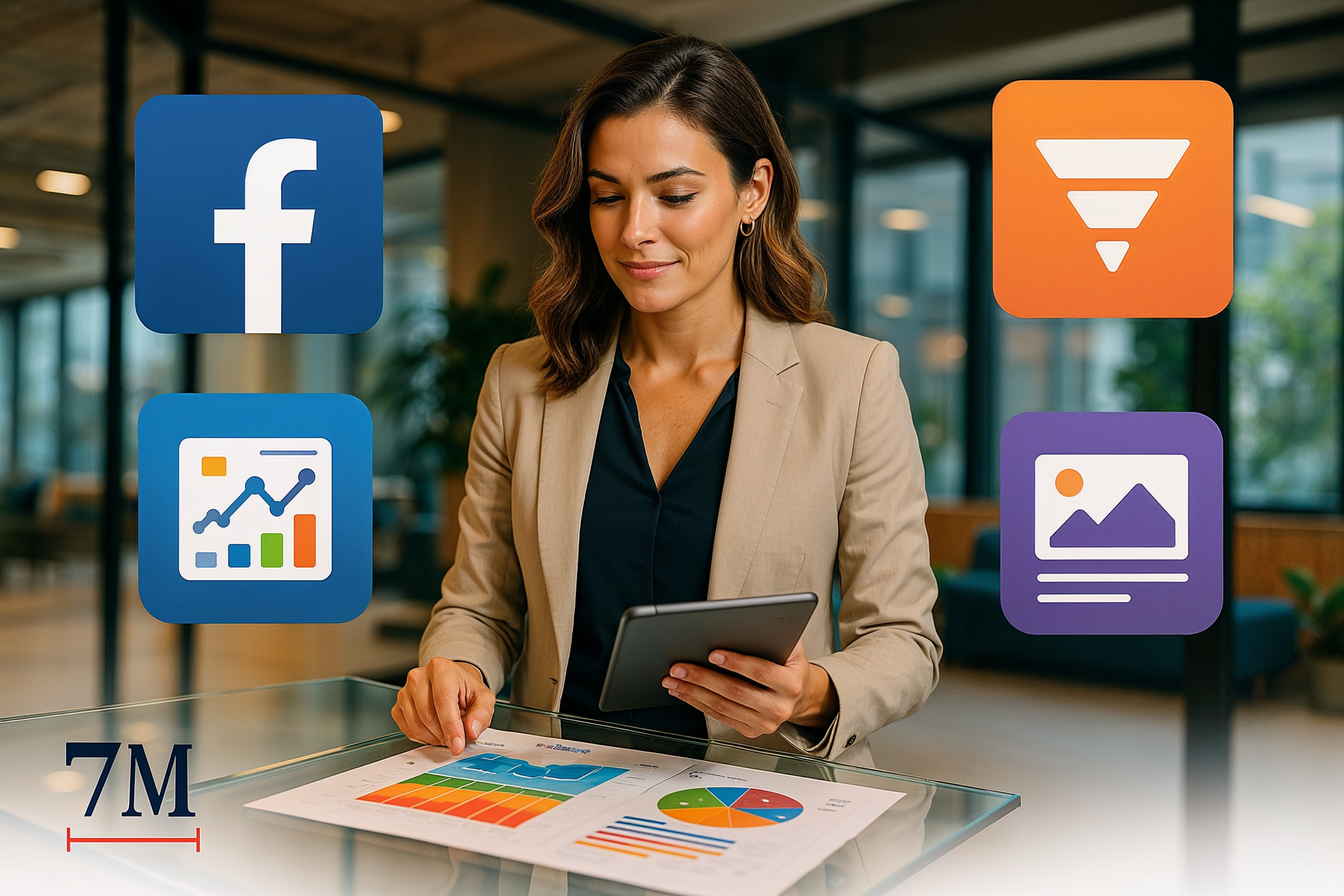 Businesswoman in a modern office, analyzing Facebook ads data with marketing icons and graphs floating around her.