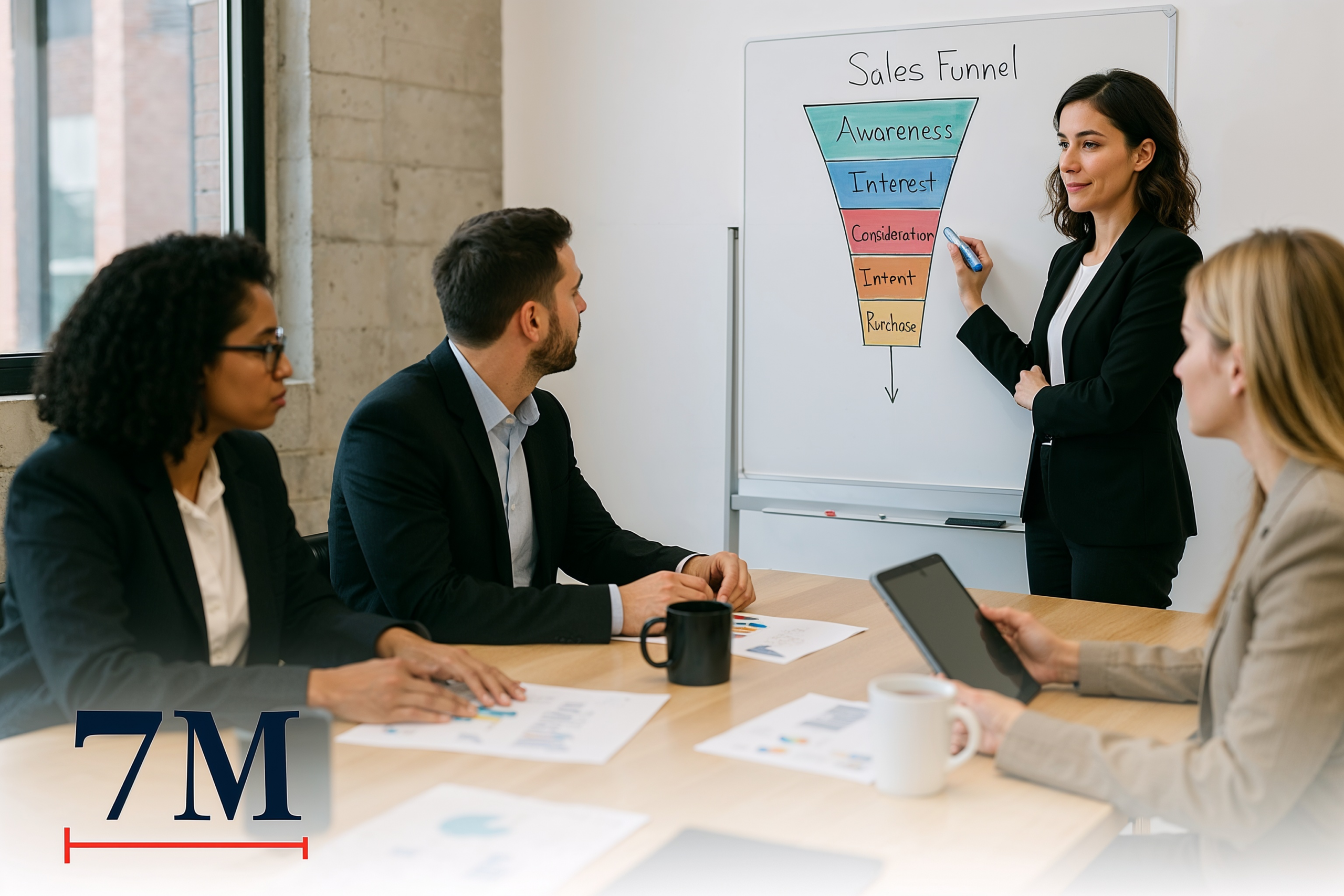 Marketing team strategizing a sales funnel at a whiteboard in a modern workspace, emphasizing data-driven planning and collaboration.