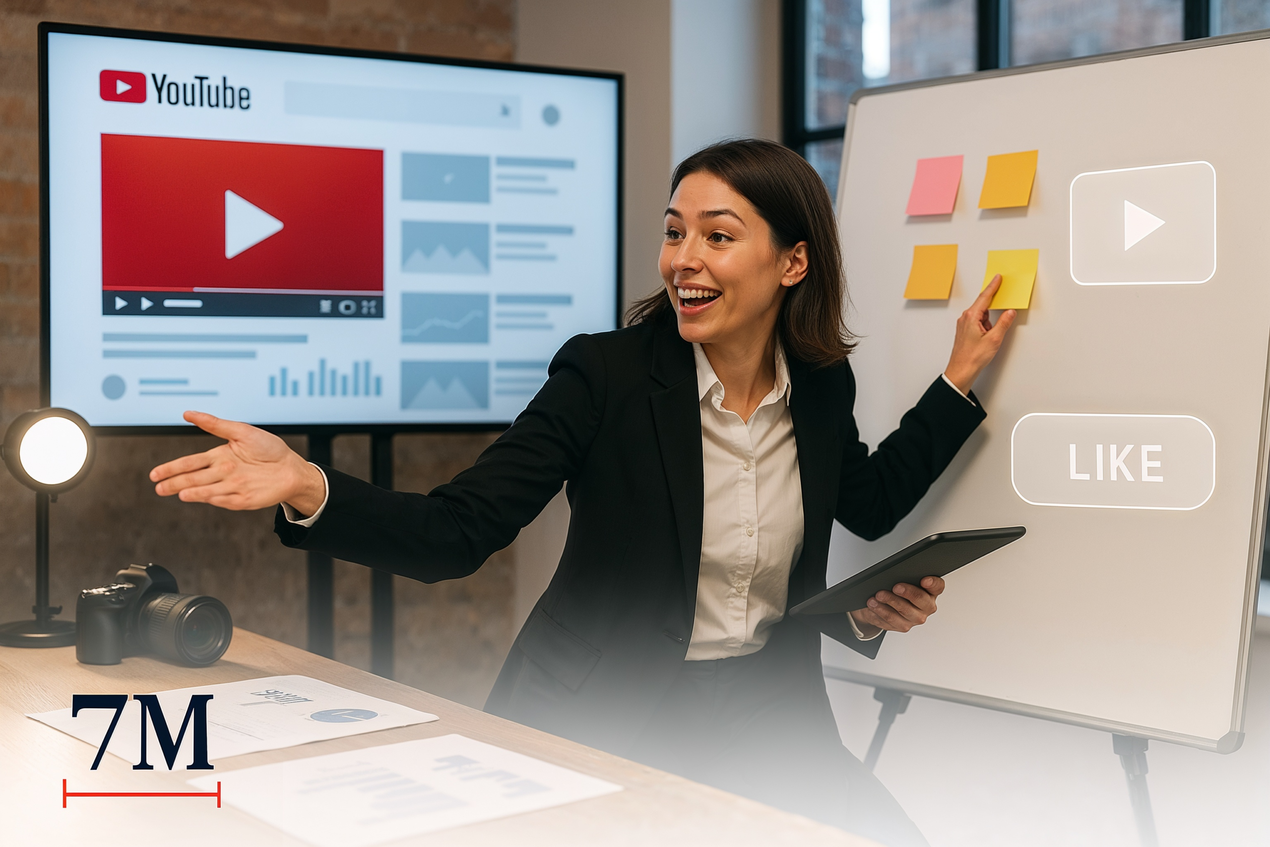 Businesswoman in a creative workspace storyboarding a YouTube ad campaign, surrounded by video marketing tools and analytics.