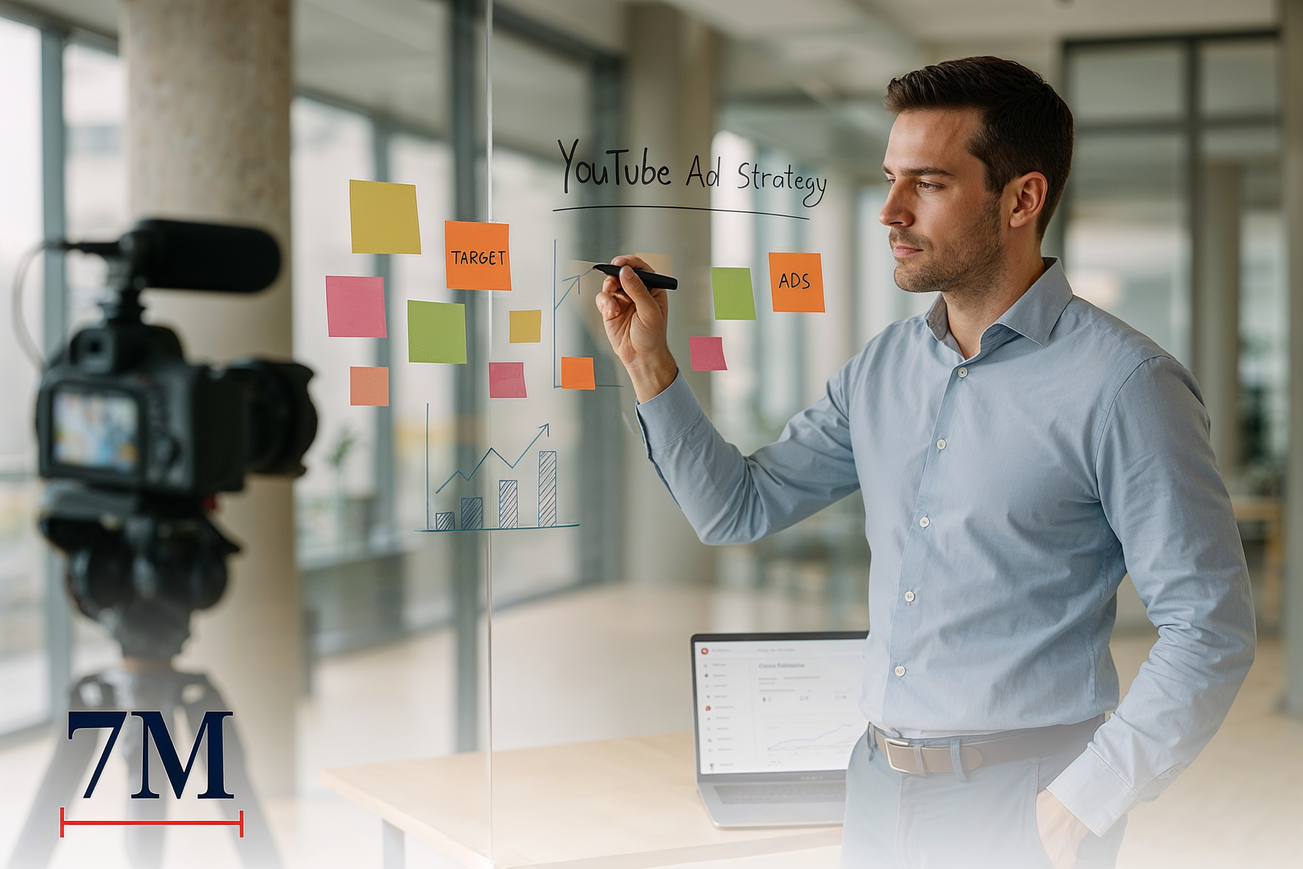 Business professional outlining YouTube ad strategy on glass wall with video gear and analytics in modern office
