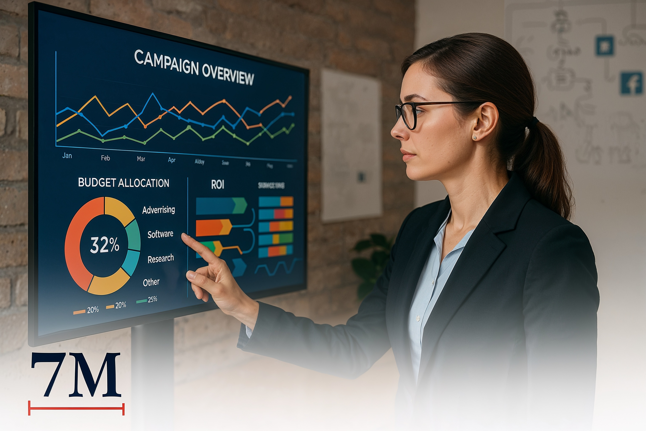 Marketing professional analyzing digital campaign dashboard with charts and budget visuals in a creative workspace.