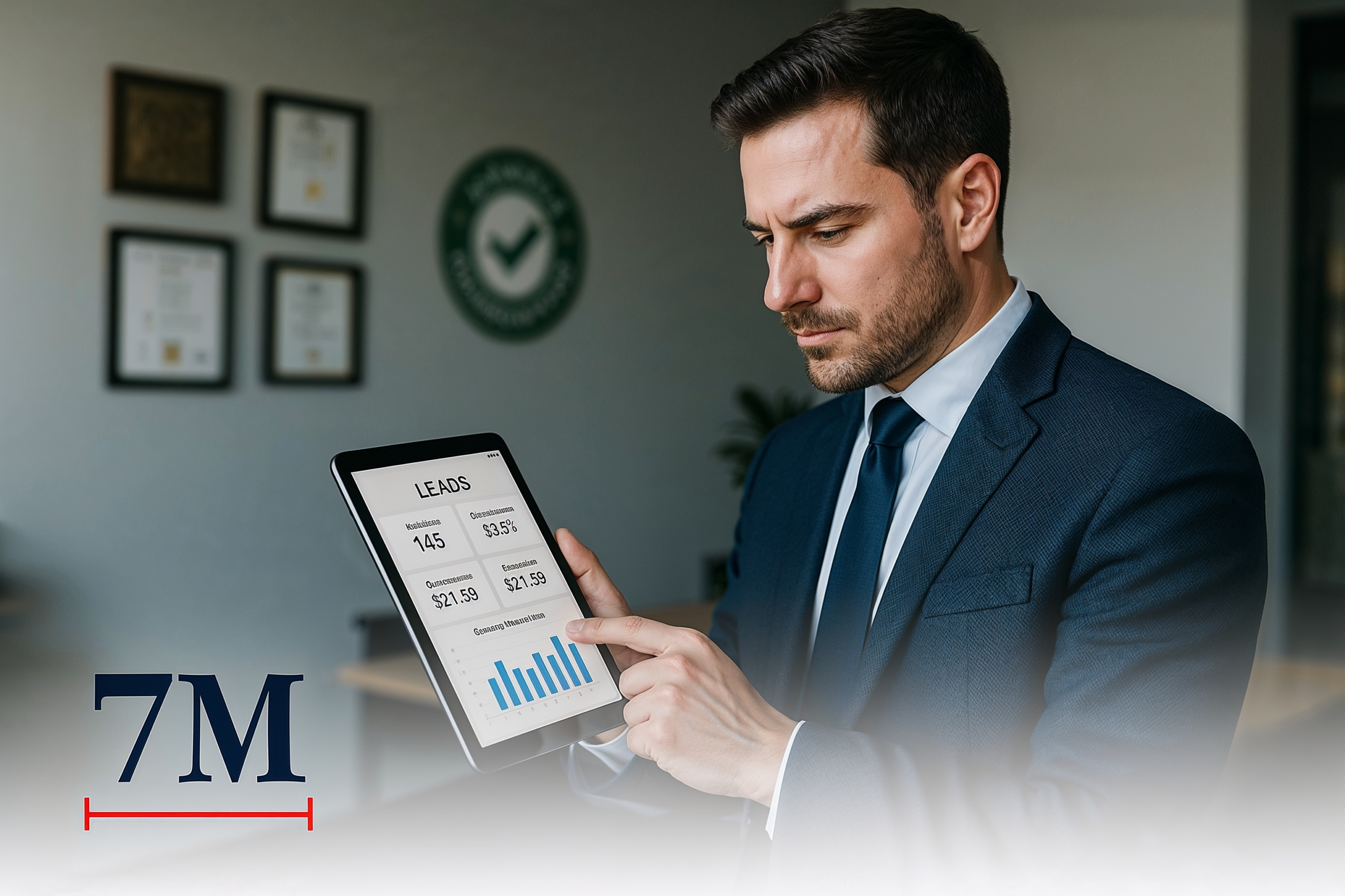 Business professional analyzing Google Local Services Ads performance on a tablet in a modern office, with awards and Google Guarantee badge in background.