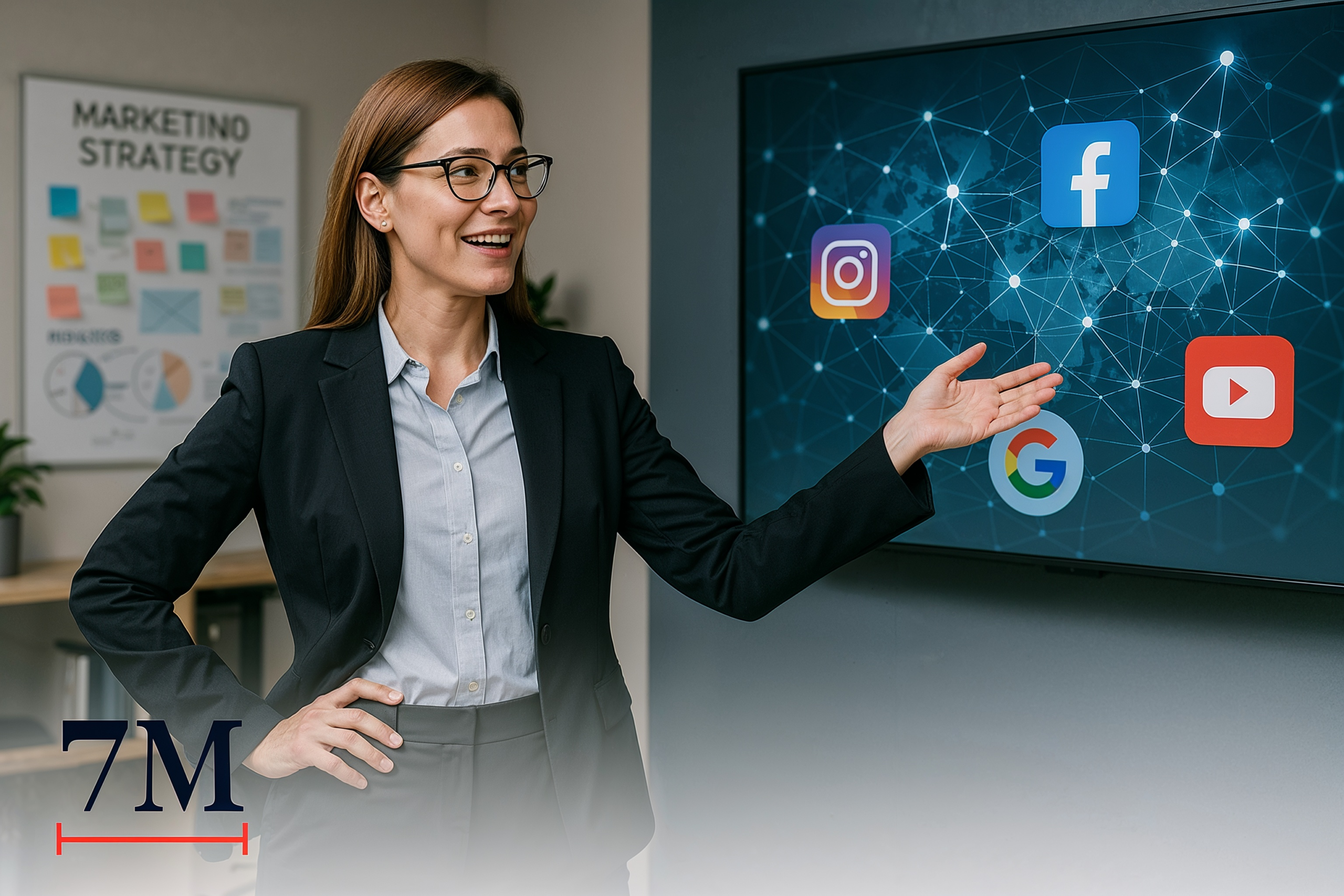 Business professional presenting an omnichannel marketing strategy with digital network and marketing platforms in a modern office setting