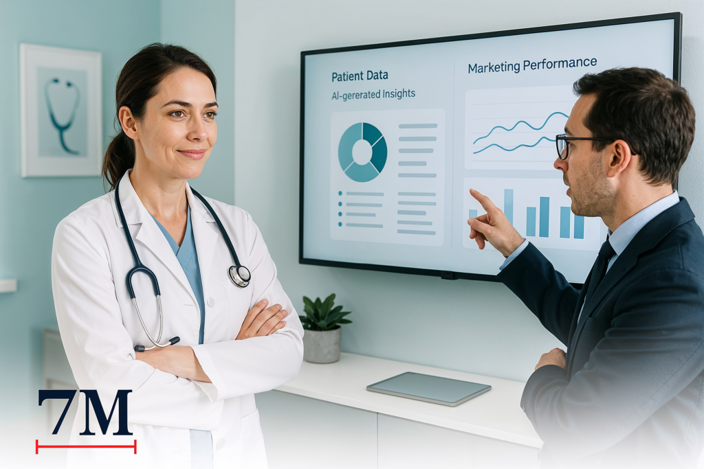 Healthcare professional collaborating with a digital marketing expert, analyzing AI-driven patient data and marketing performance dashboards in a modern medical office.