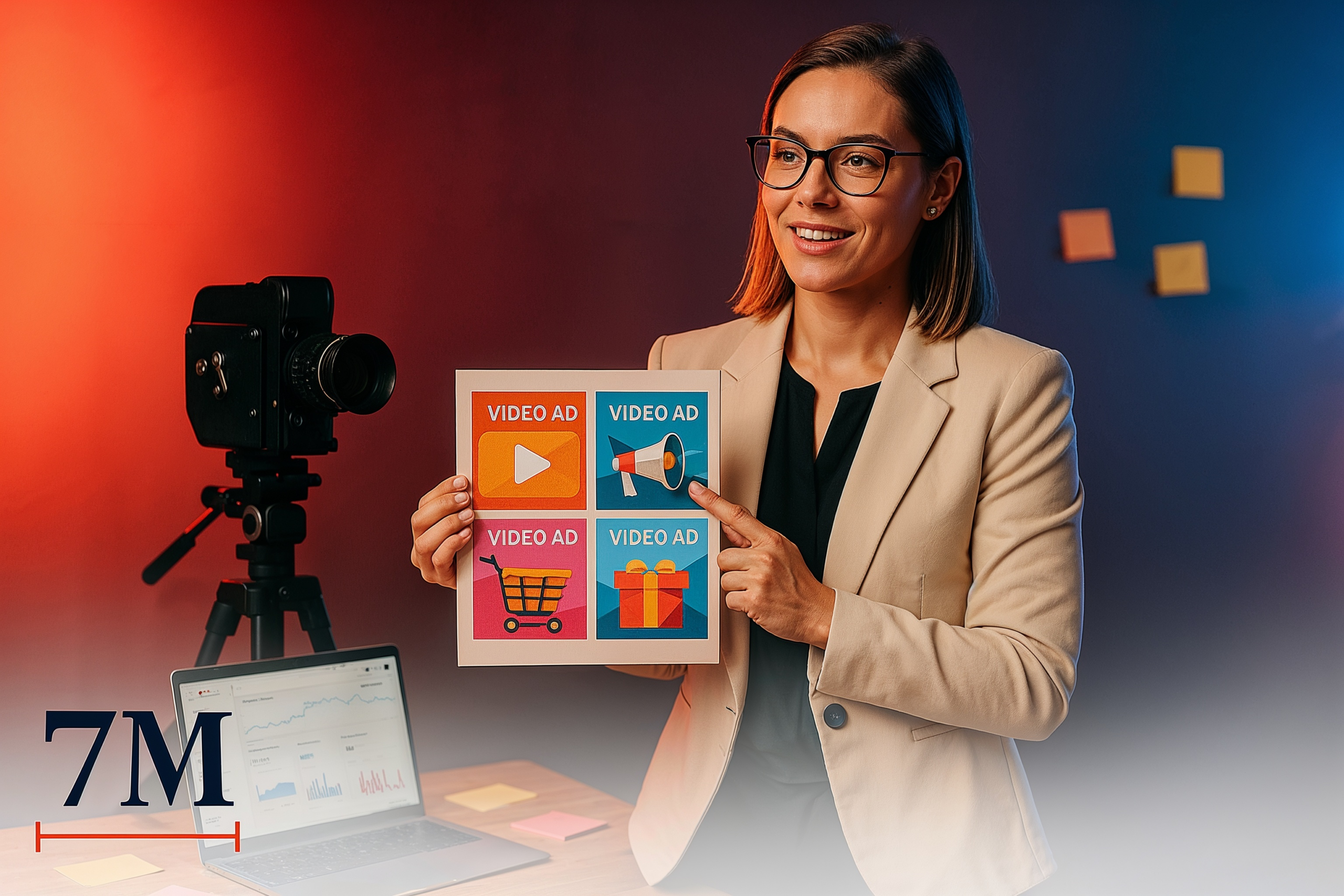 Businesswoman in creative studio presenting YouTube ad storyboard with video marketing symbols.