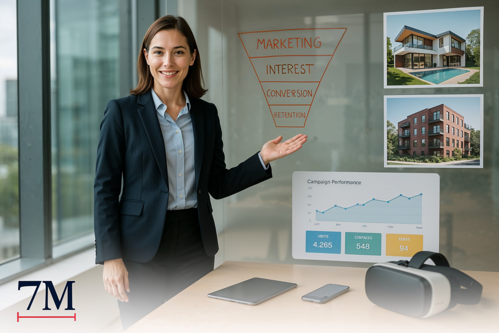 Real estate marketing strategist in modern office, pointing to marketing funnel diagram with digital tools and property visuals nearby.