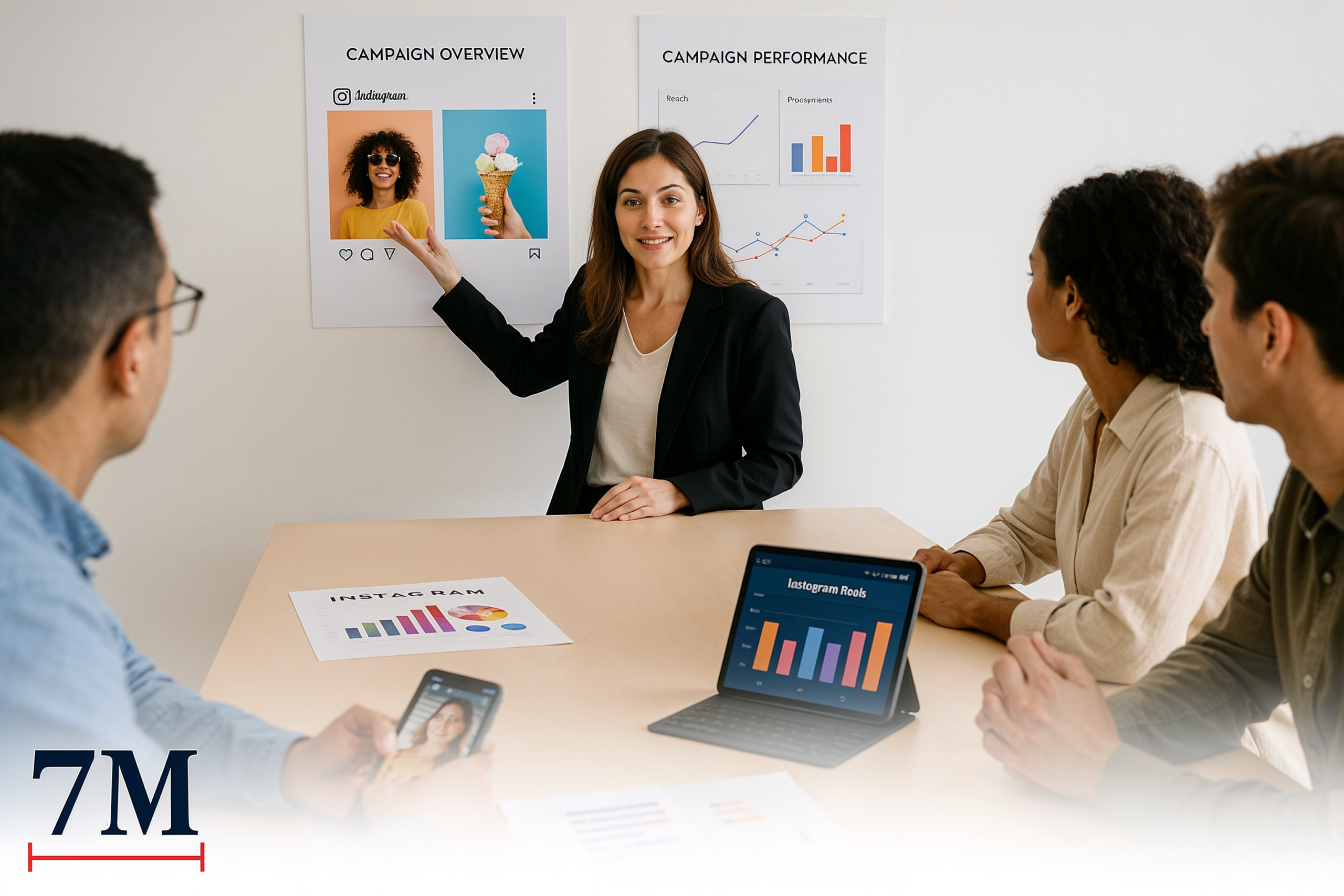 Female digital marketing strategist presenting Instagram campaign reports and engagement charts during a creative team meeting.