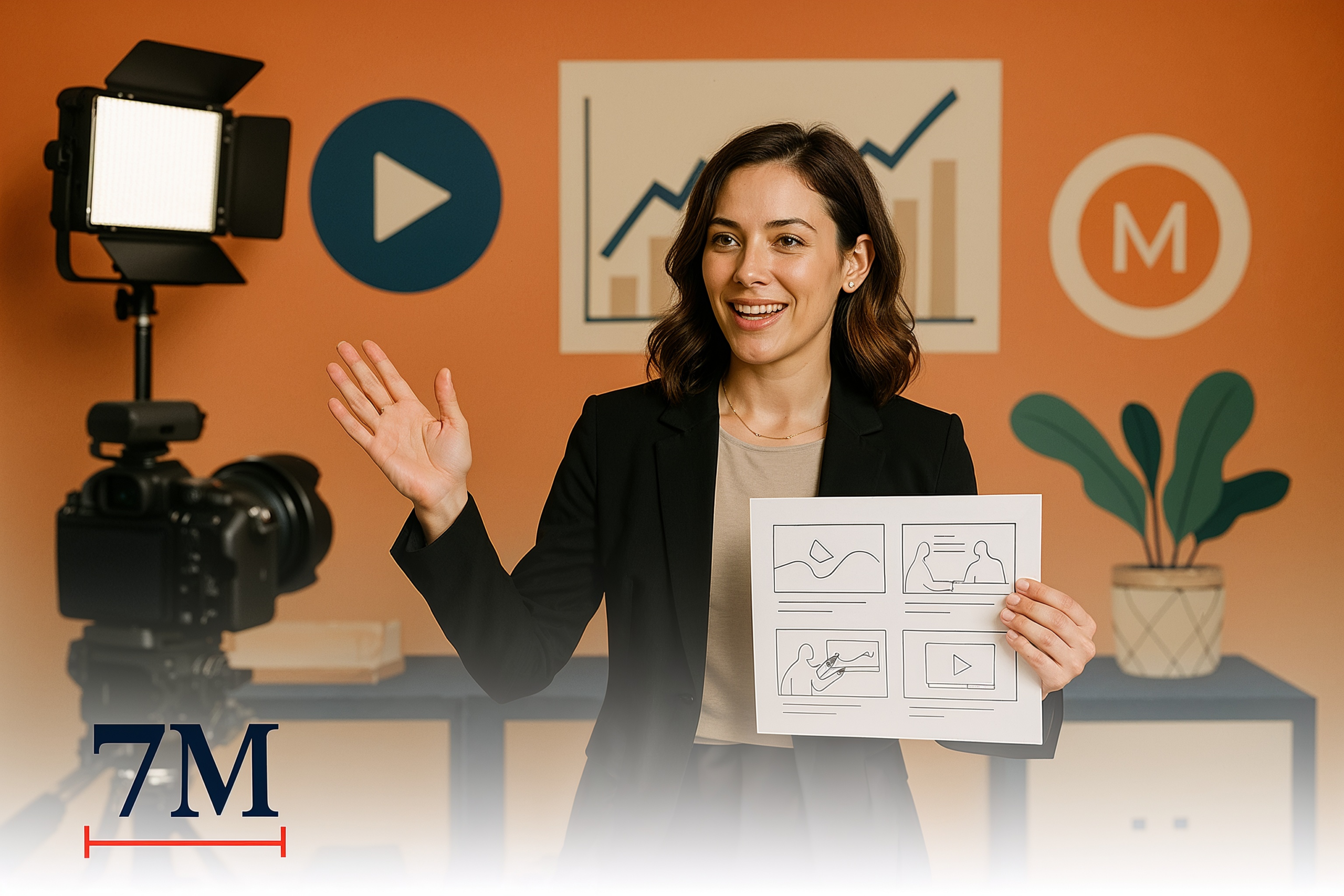 Businesswoman in a creative studio presenting YouTube video ad strategy with video equipment and marketing props