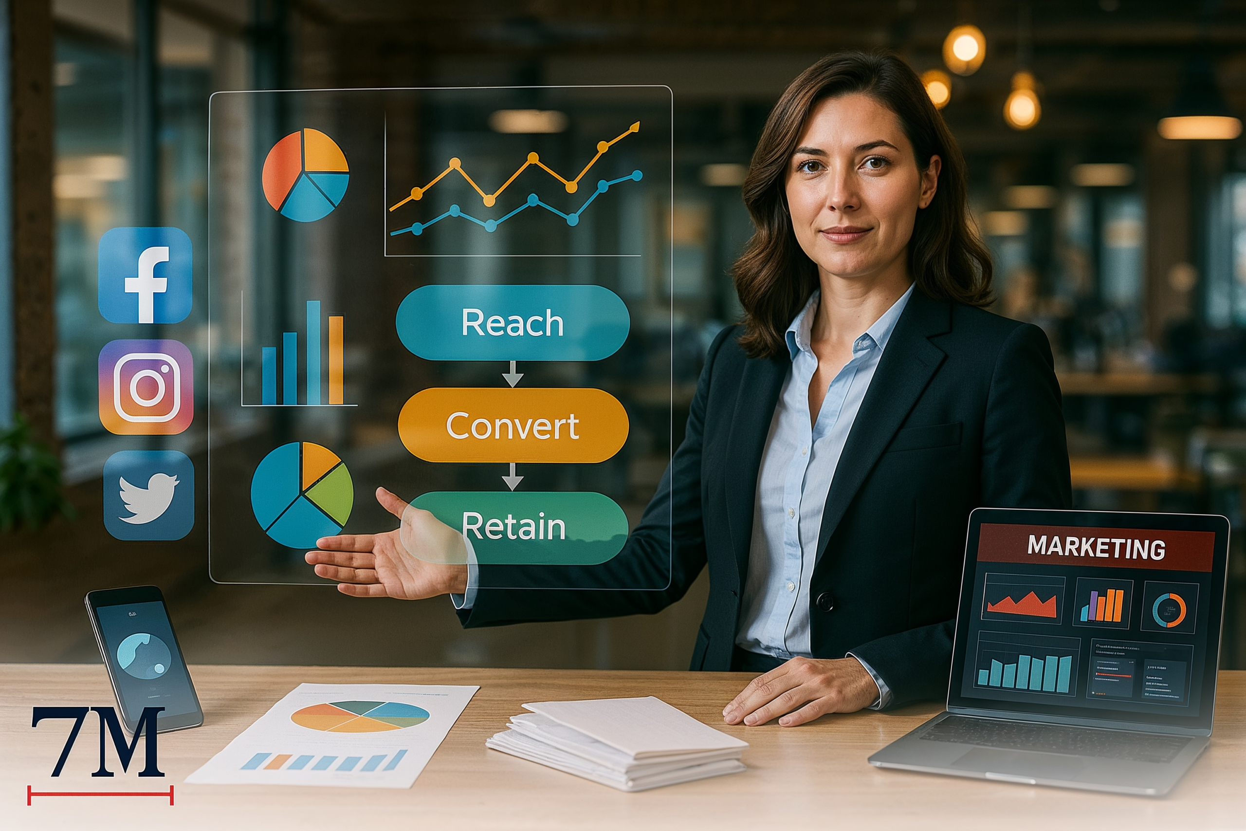 Professional businesswoman at creative workspace surrounded by data charts, social media icons, direct mail, and digital dashboards, representing a multi-channel marketing strategy.