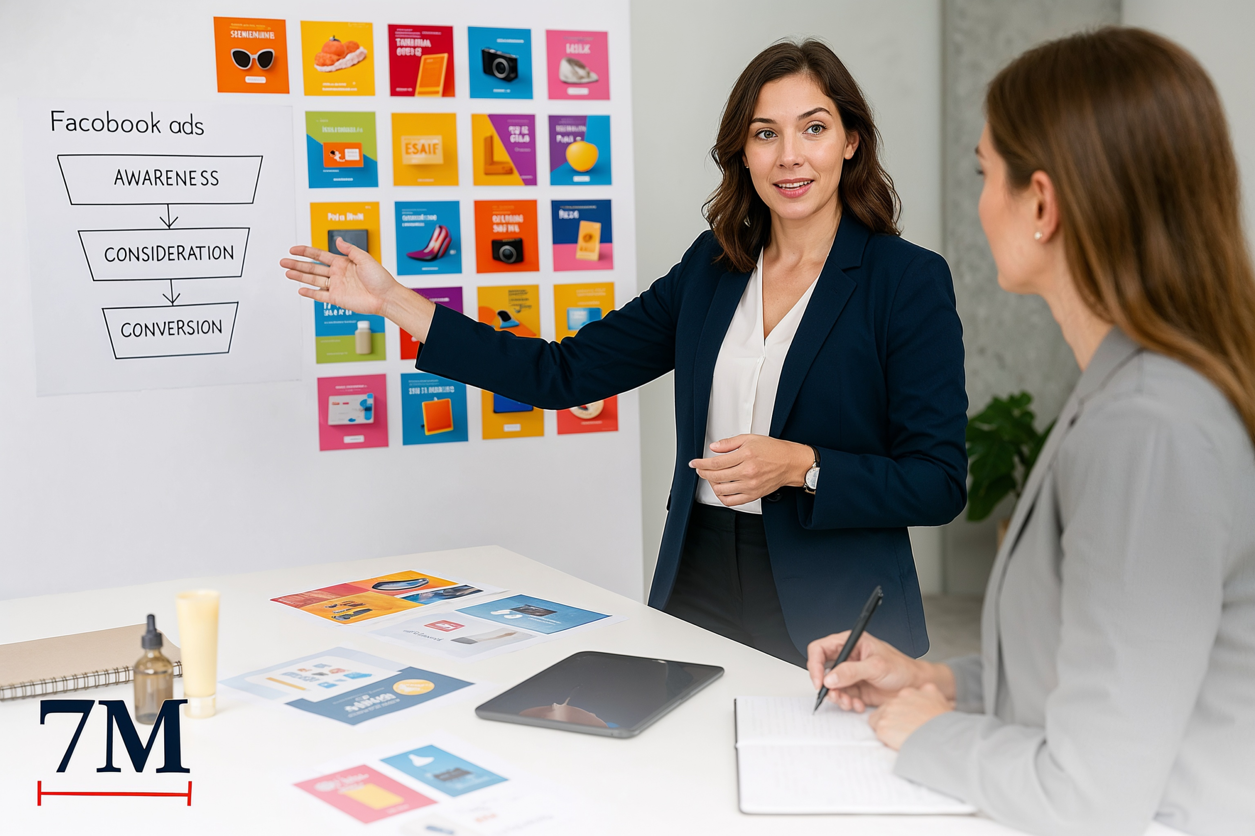 Ecommerce marketing professionals planning Facebook ad strategy with funnel diagrams and ad mockups in a creative workspace