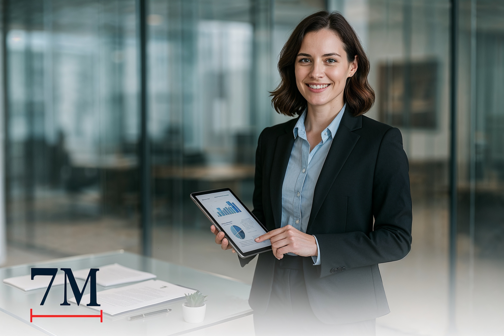 Professional woman in business attire using a digital tablet in a modern law firm office, representing digital marketing for law firms