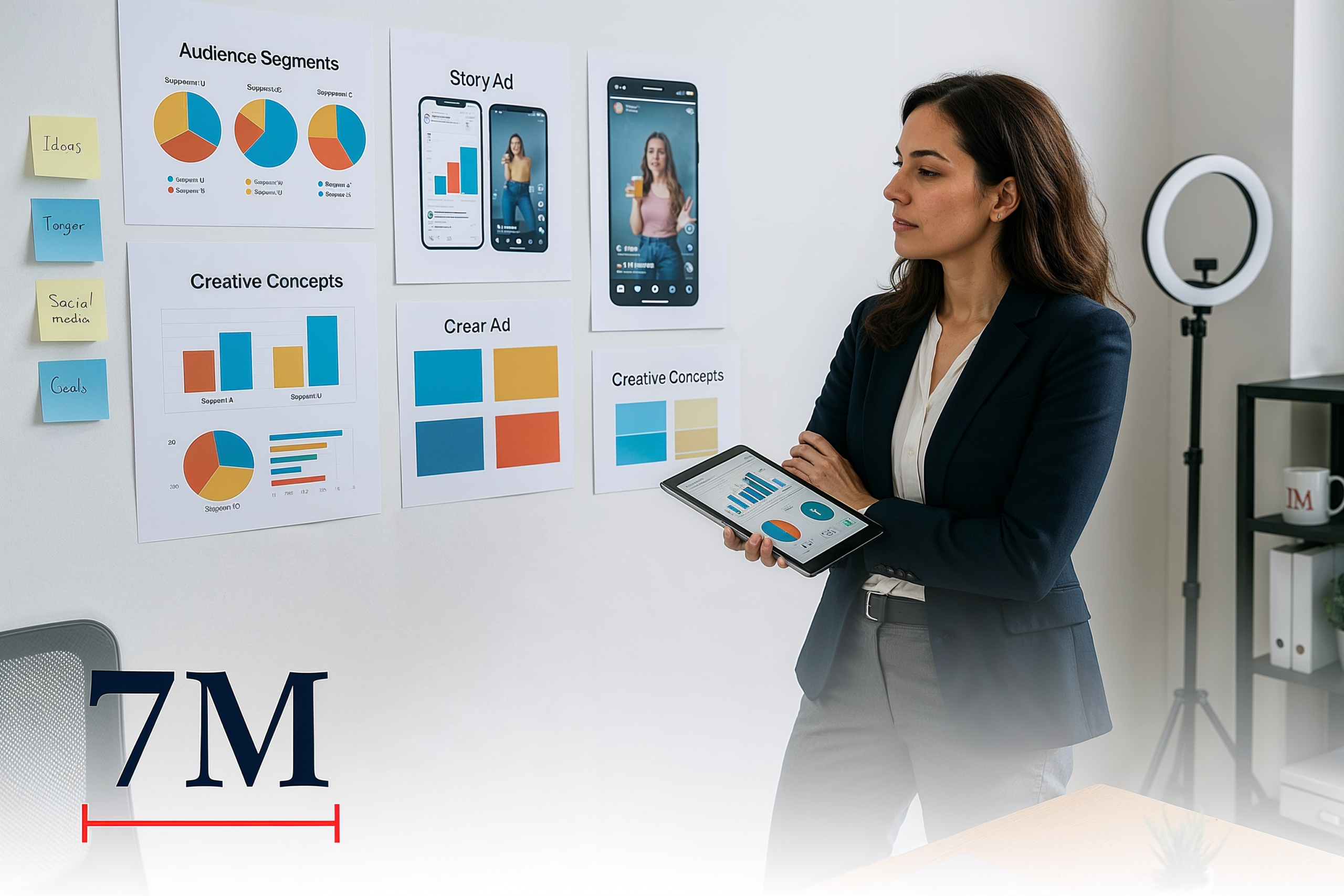 Marketing professional in business attire analyzing Instagram ad targeting strategies with creative and data-driven campaign materials.