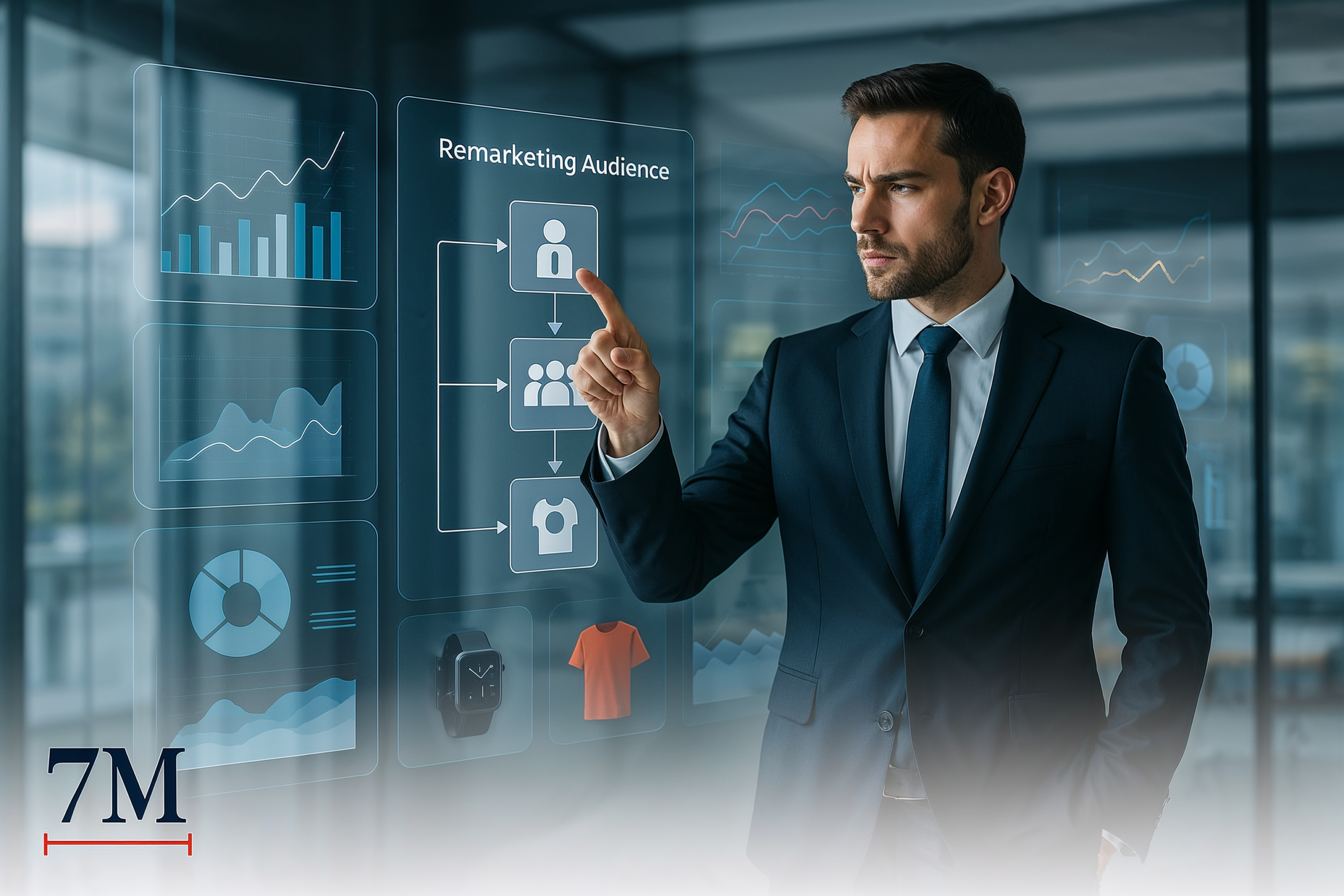 Business professional in modern workspace analyzing dynamic remarketing audience segments and digital campaign data