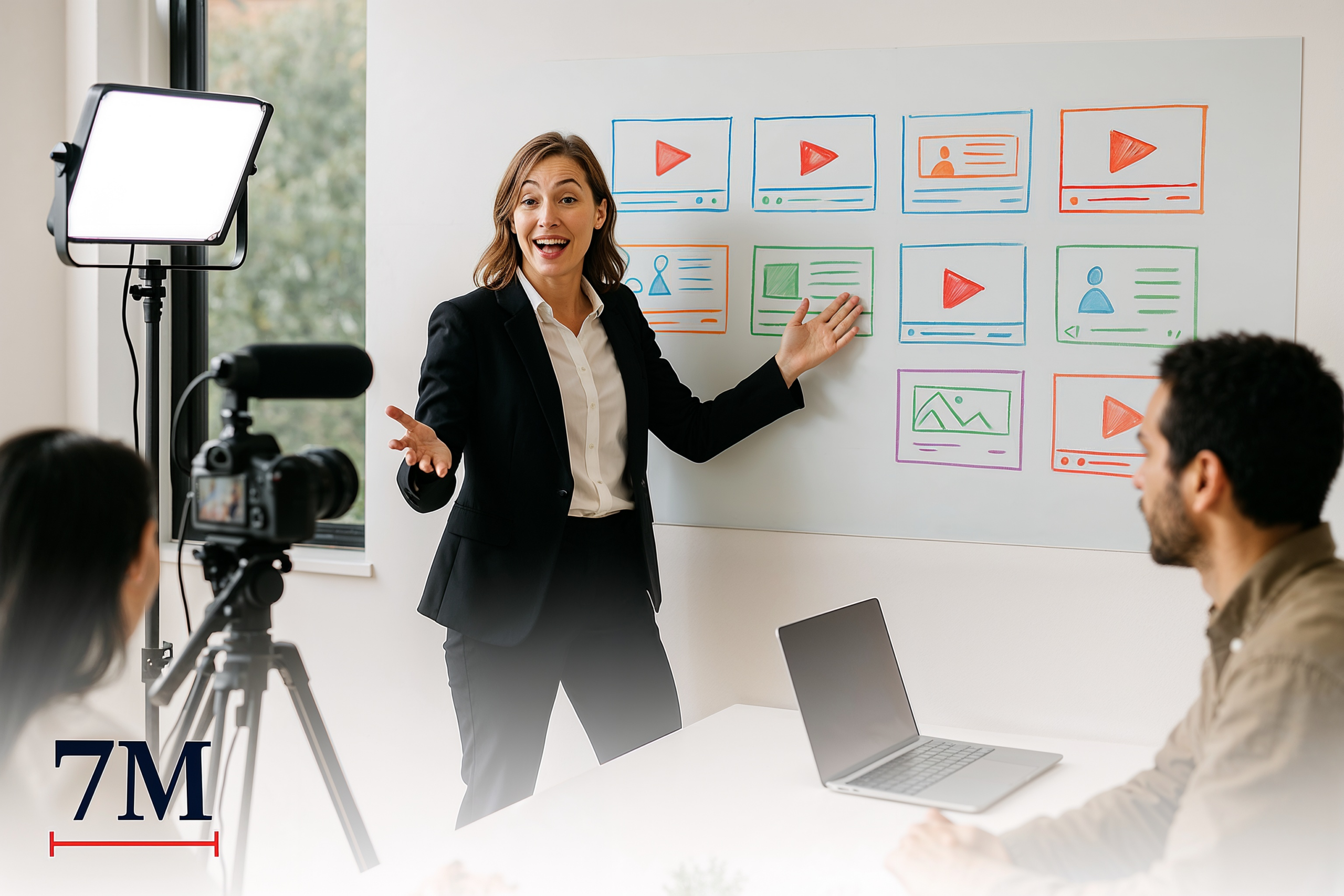Businesswoman presenting YouTube ad creative storyboards in a collaborative marketing workspace, with creative tools and team in background.