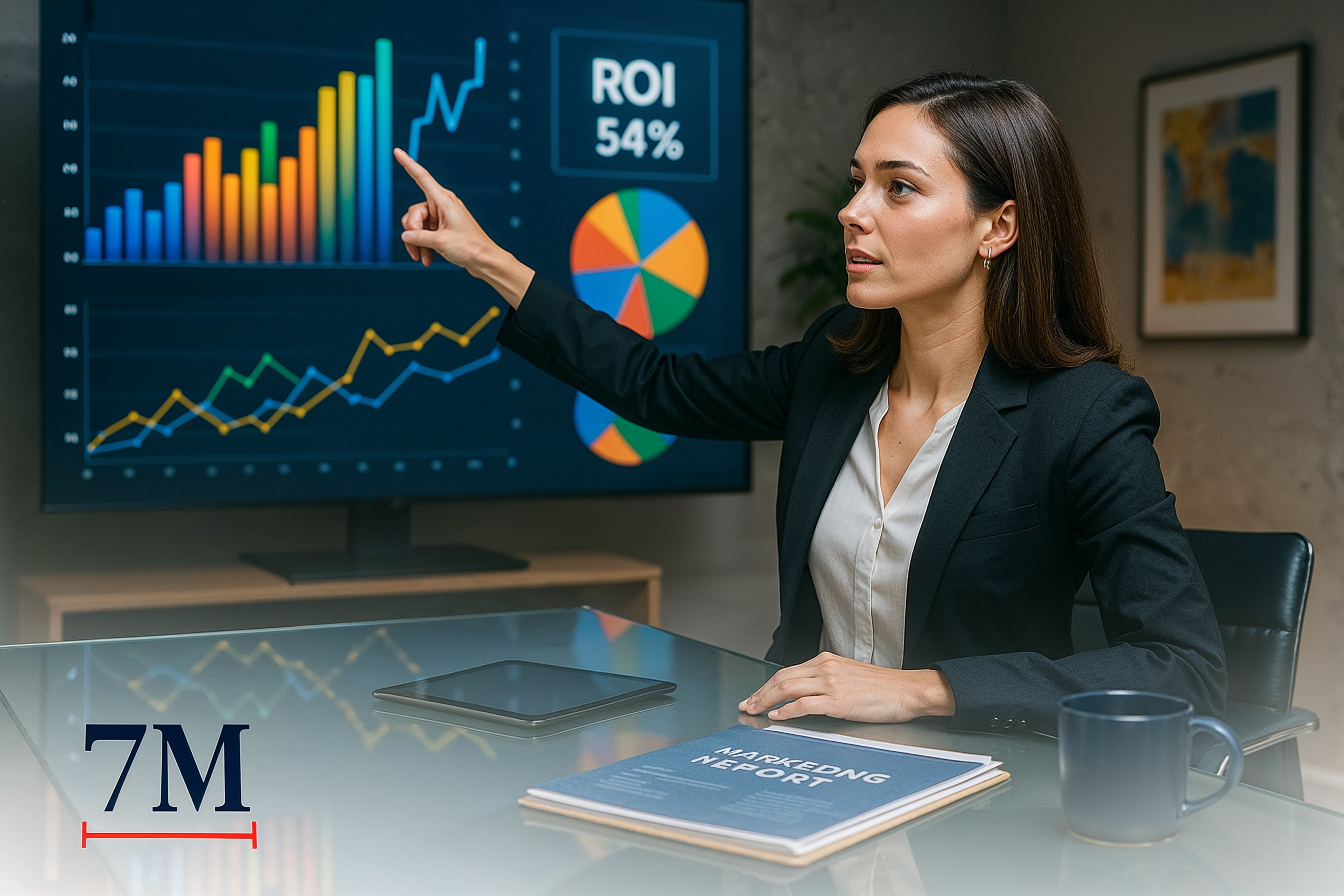 Businesswoman presenting KPI dashboard data visualizations in a modern conference room, surrounded by marketing reports and analytics tools.