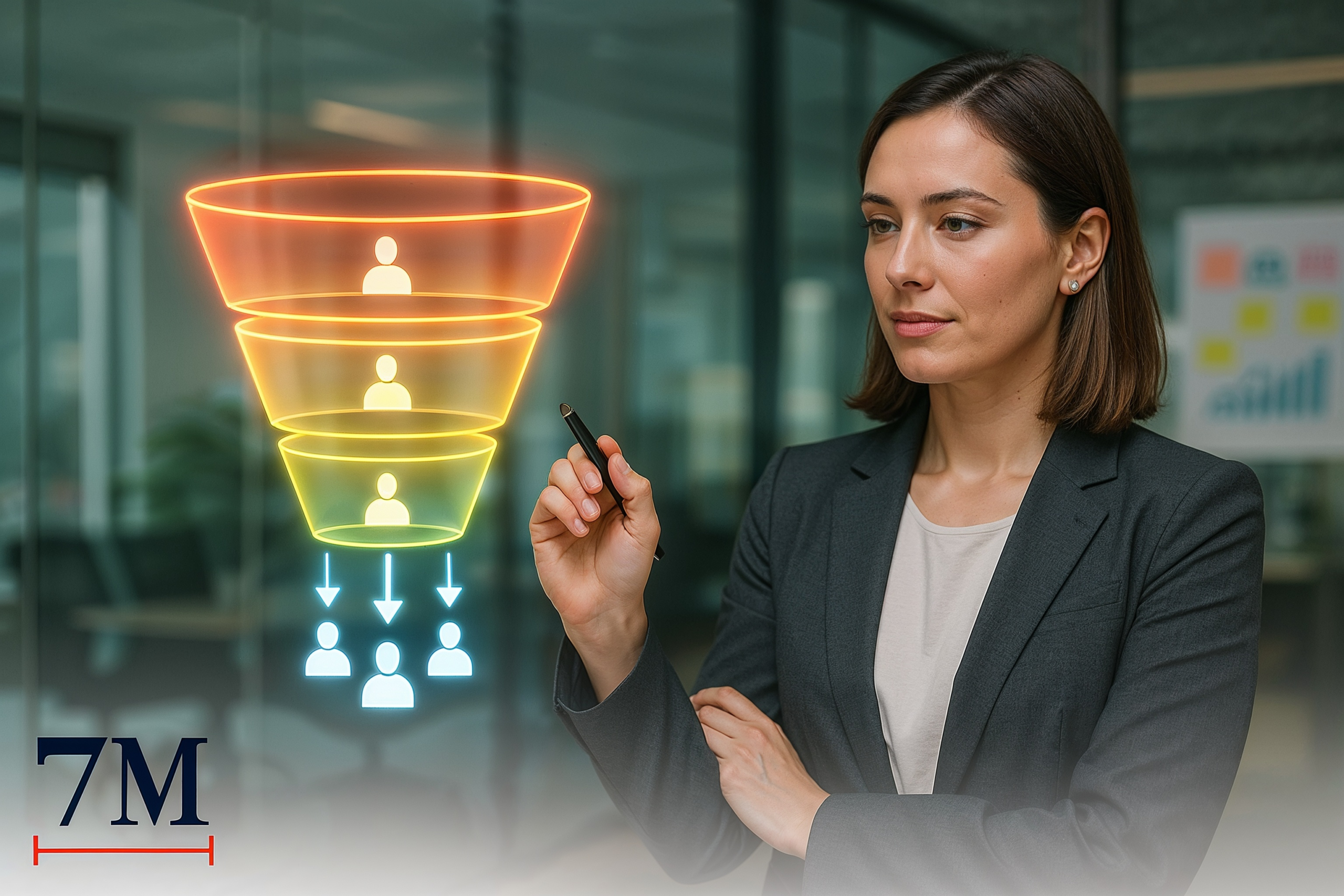 Businesswoman optimizing a 3D digital sales funnel display in a modern marketing office