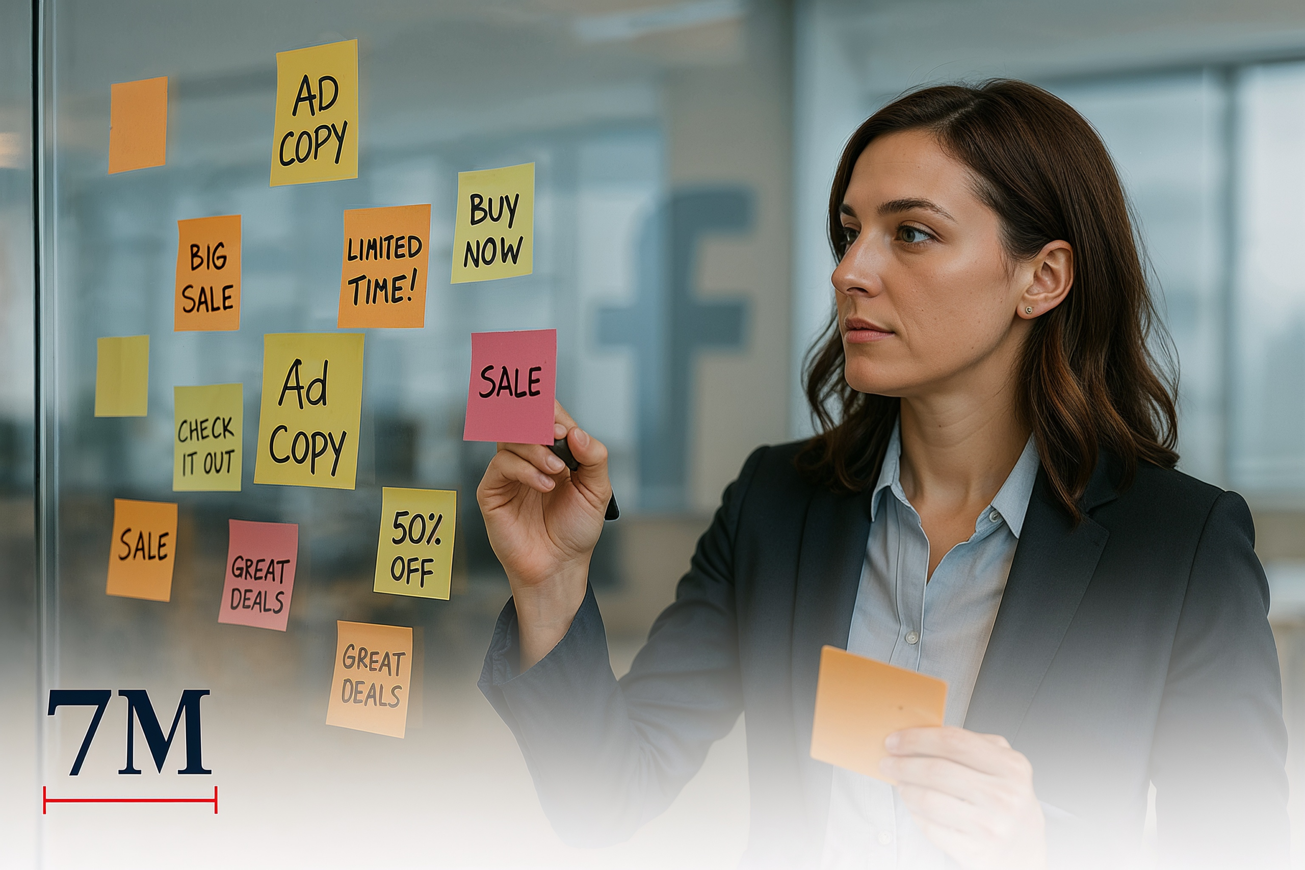 Professional woman brainstorming Facebook ad copy on sticky notes at a glass wall in a modern office environment.