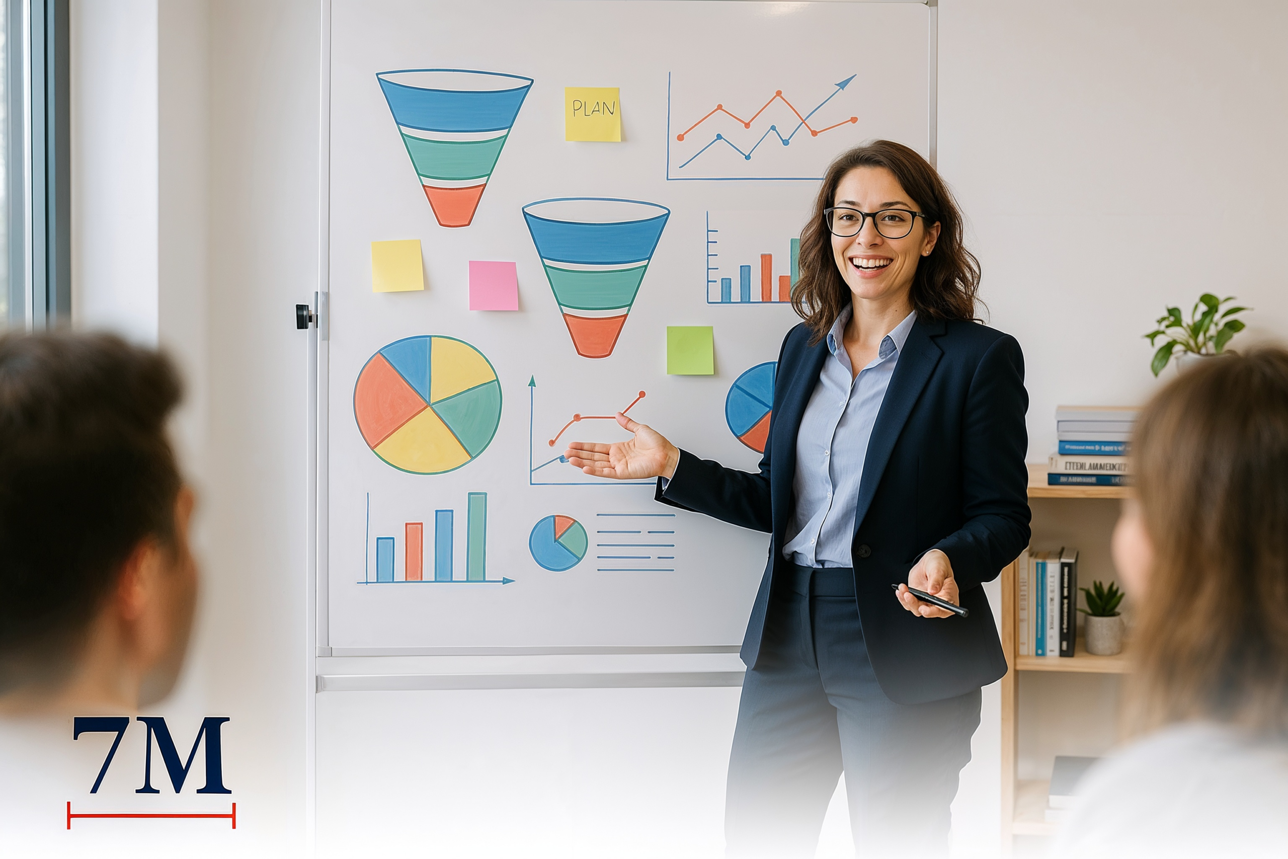 Entrepreneur explaining marketing funnels and strategies to a group on a whiteboard in a modern workspace.