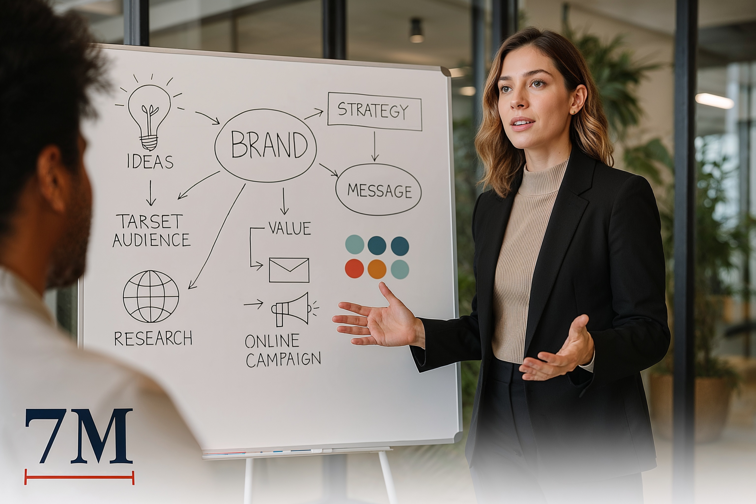 Businesswoman presenting a brand strategy at a modern creative workspace whiteboard, with diagrams and digital marketing elements visible.