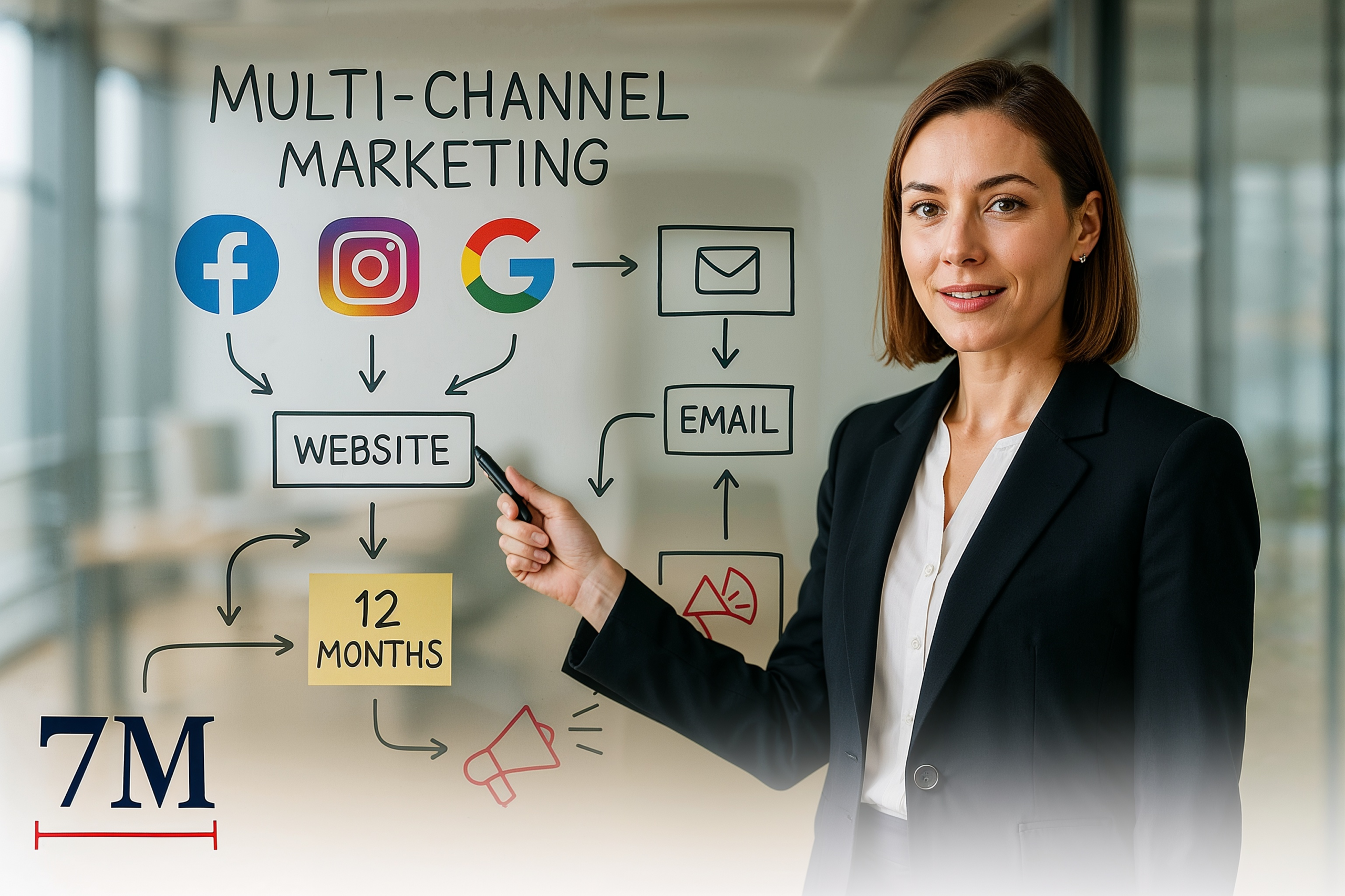 Businesswoman presenting a multi-channel 12 month marketing strategy roadmap with Facebook, Instagram, Google, and YouTube icons in a modern office setting.