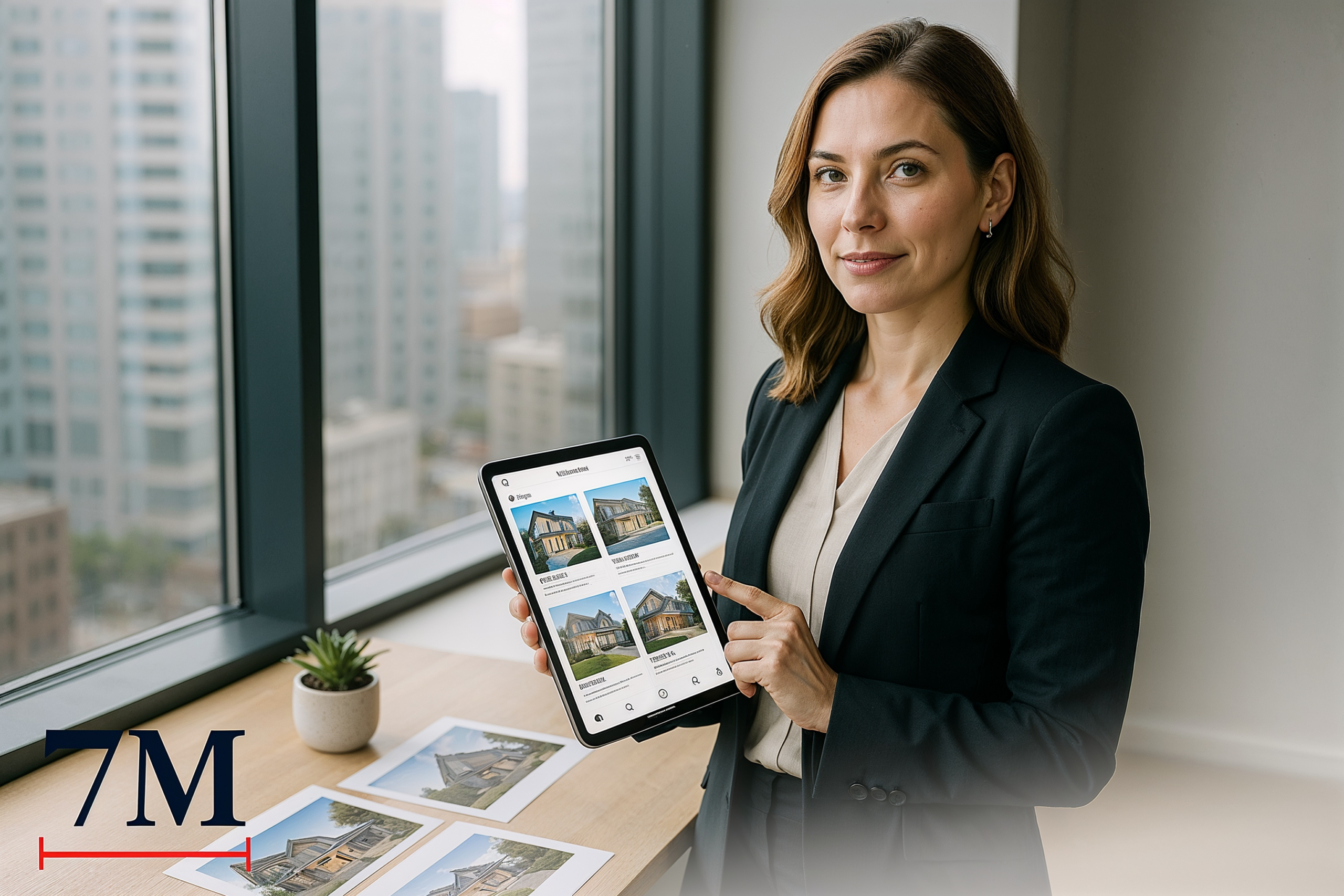 Female real estate agent in business attire holds tablet with Instagram real estate ads in a modern office, city view in background.