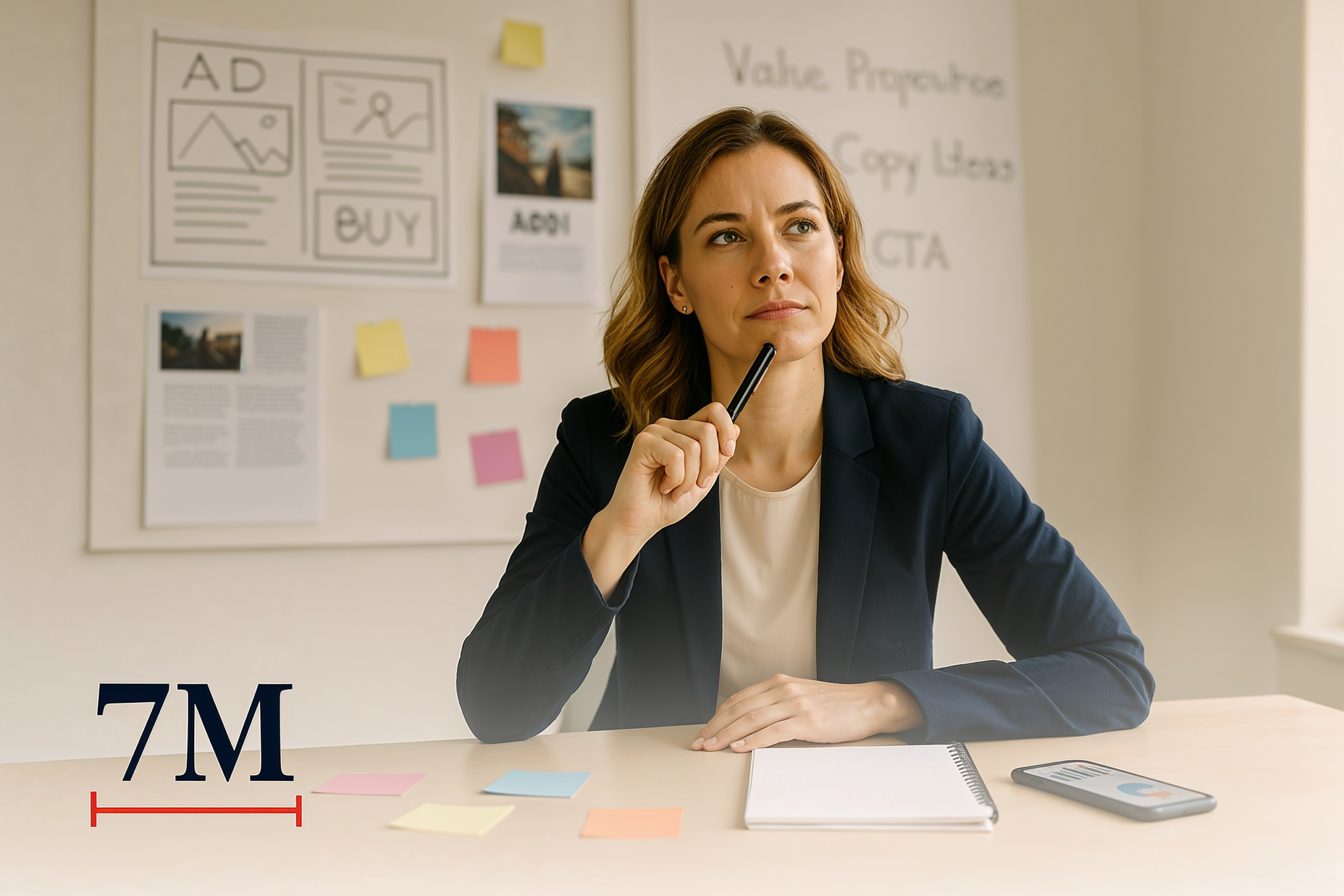 Businesswoman brainstorming high-conversion copywriting ideas in a creative marketing workspace.