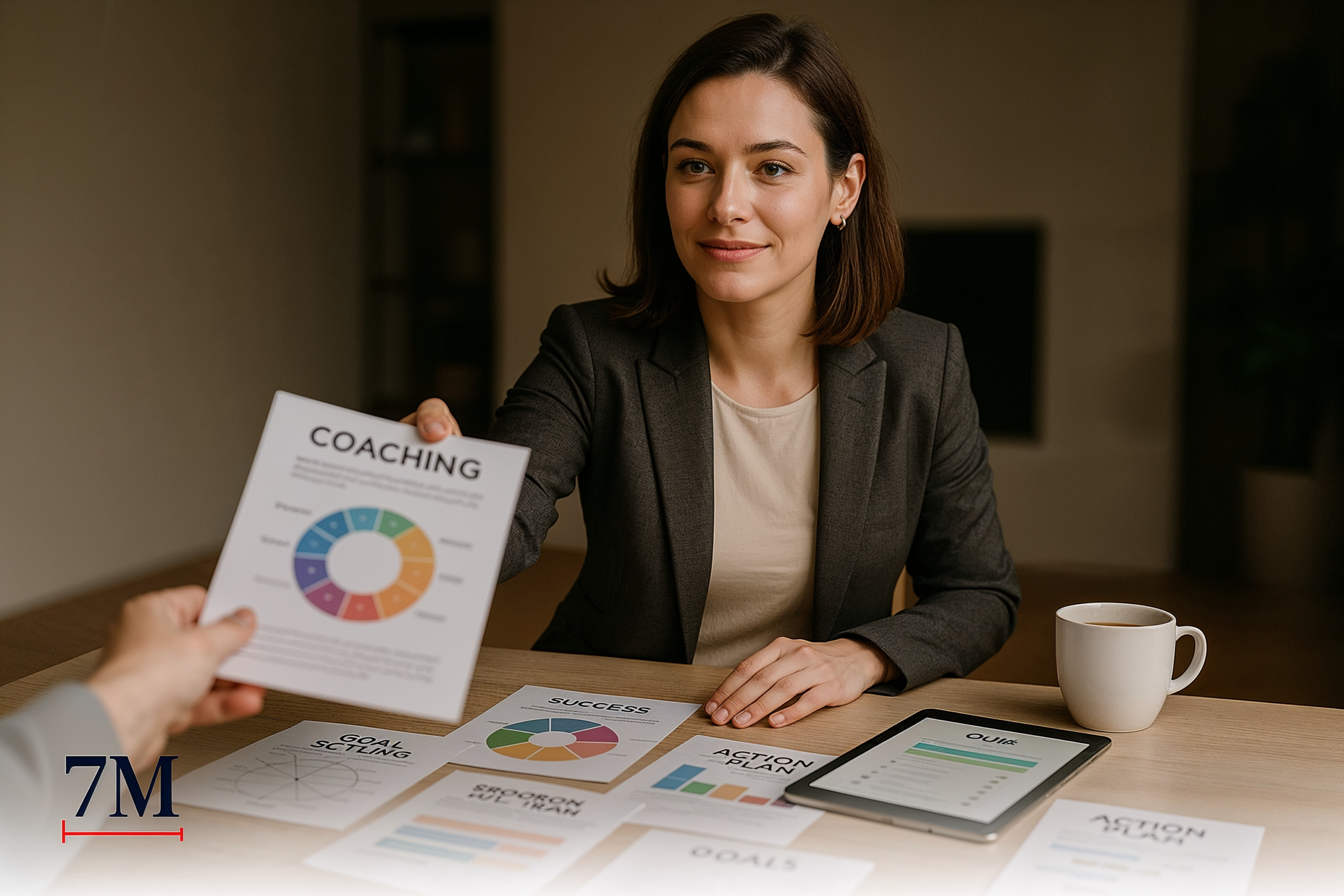 Businesswoman coach sharing a worksheet in a creative workspace, coaching materials and digital tablet on table.