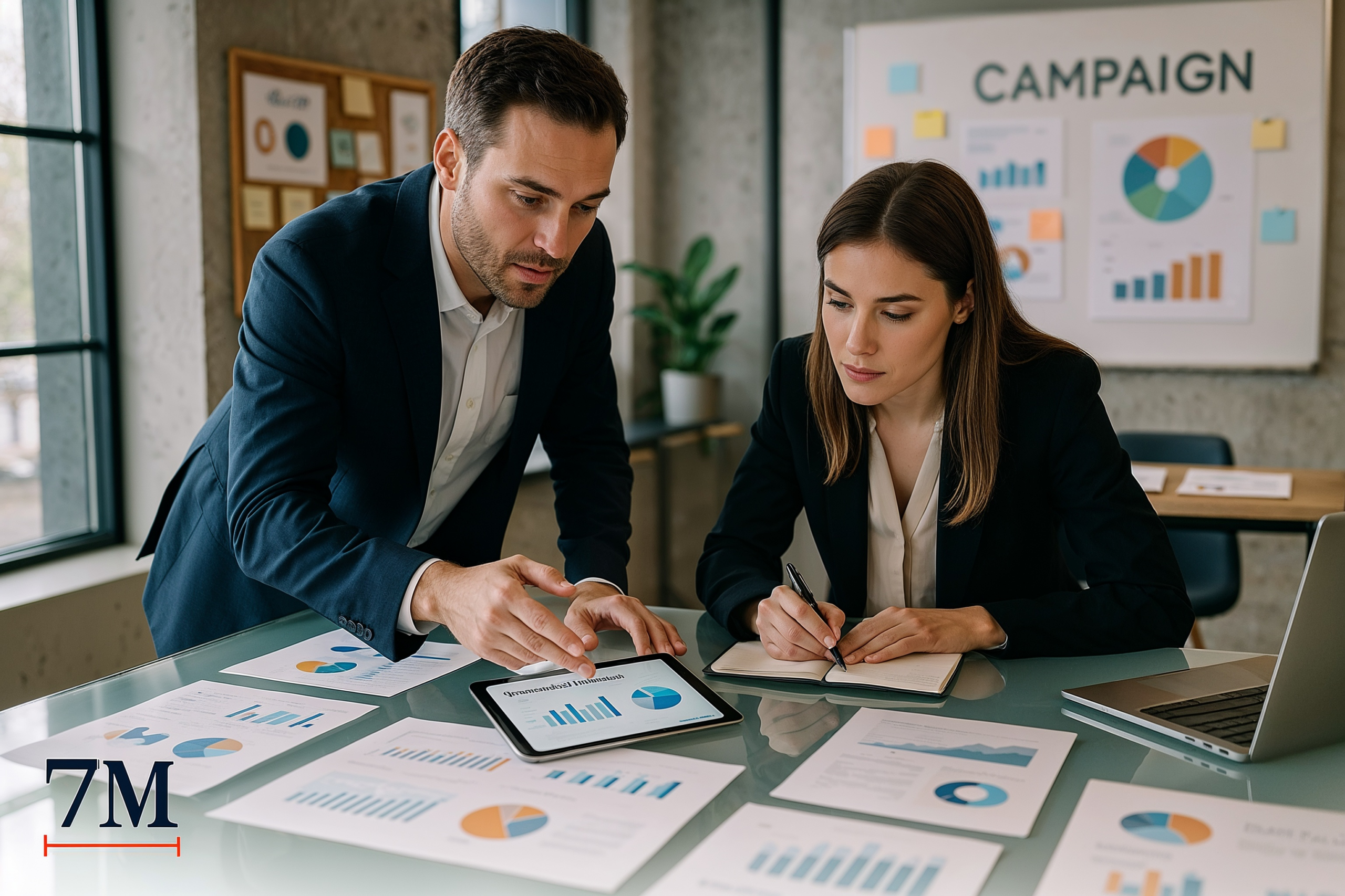 Business professionals evaluating agency scorecards and strategy charts in a modern office setting during agency selection criteria discussion.