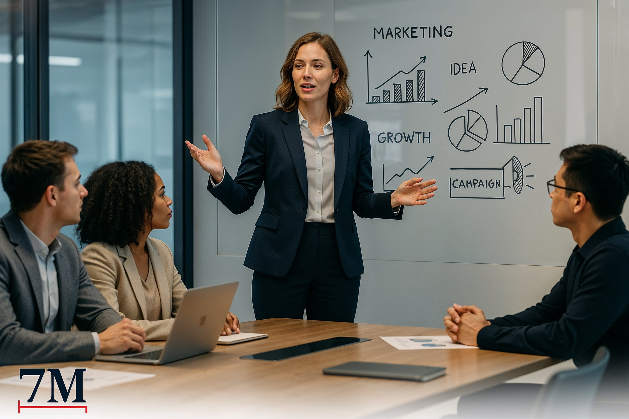 Chief Marketing Officer leading a digital marketing strategy meeting, presenting to a collaborative team in a modern office environment.