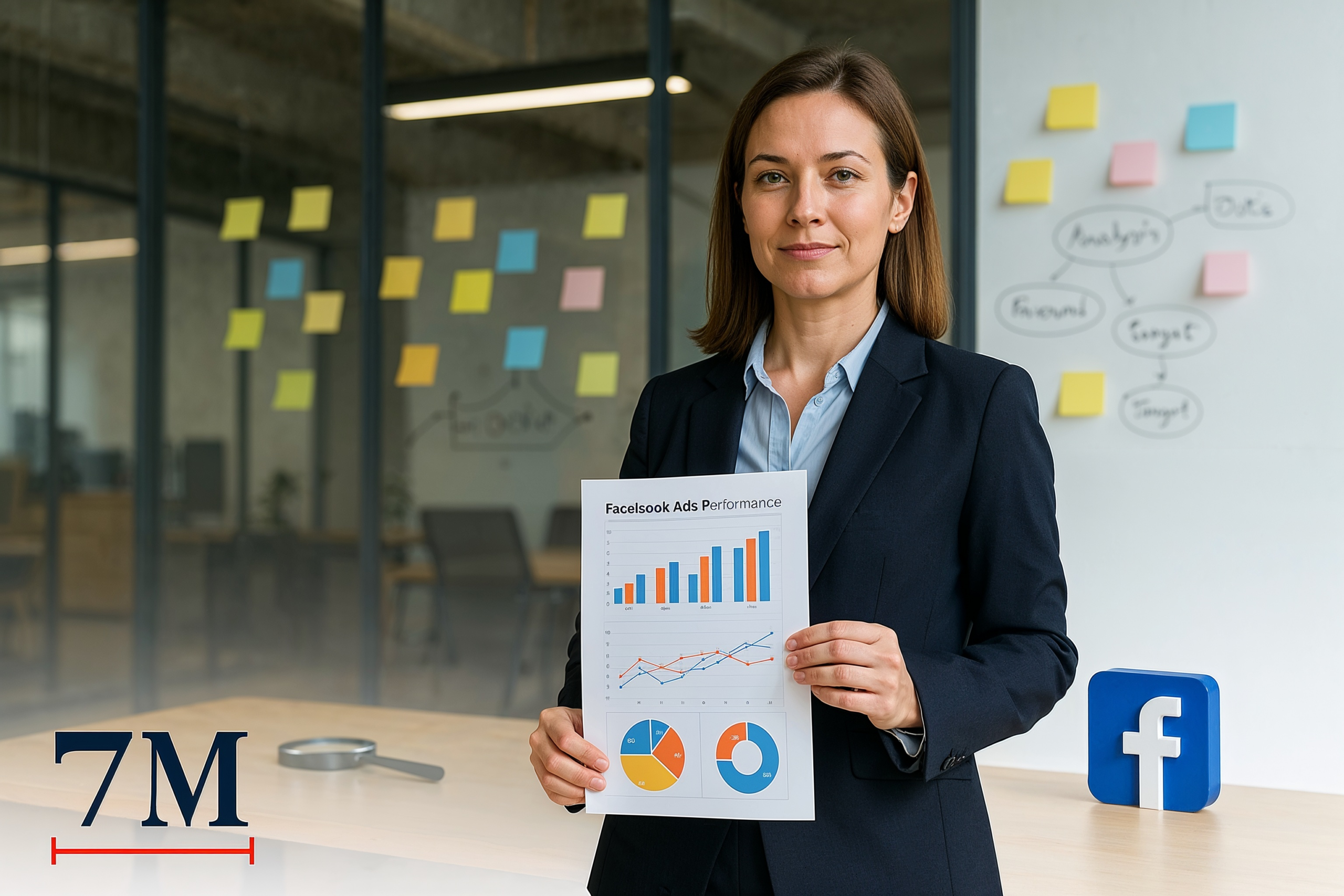 Businesswoman in creative office holding Facebook ad report, surrounded by data strategy visuals and Facebook logo.