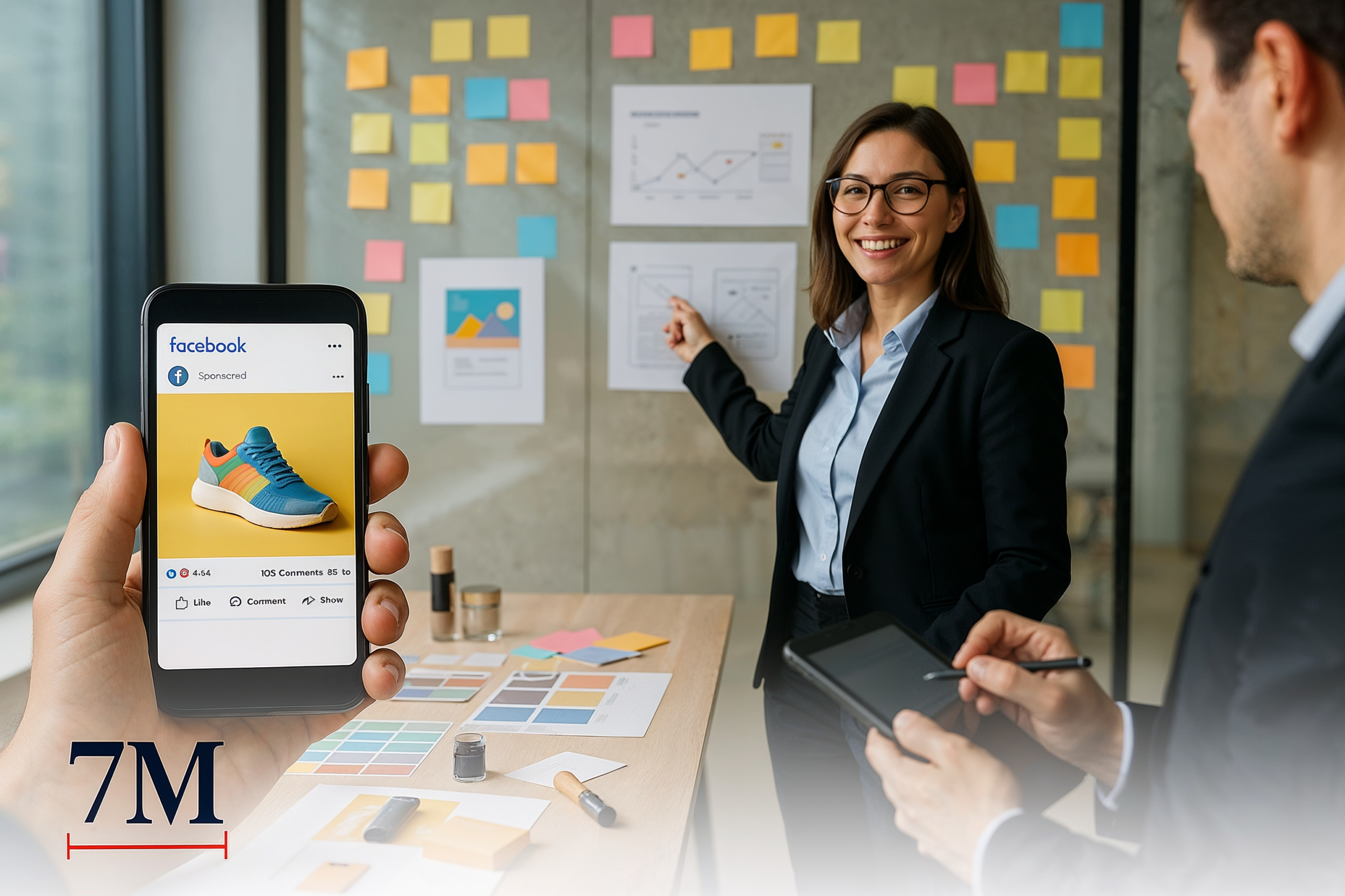 Business professionals collaborating on Facebook ad strategies in a creative workspace, with ad mockups and analytics prominently displayed.