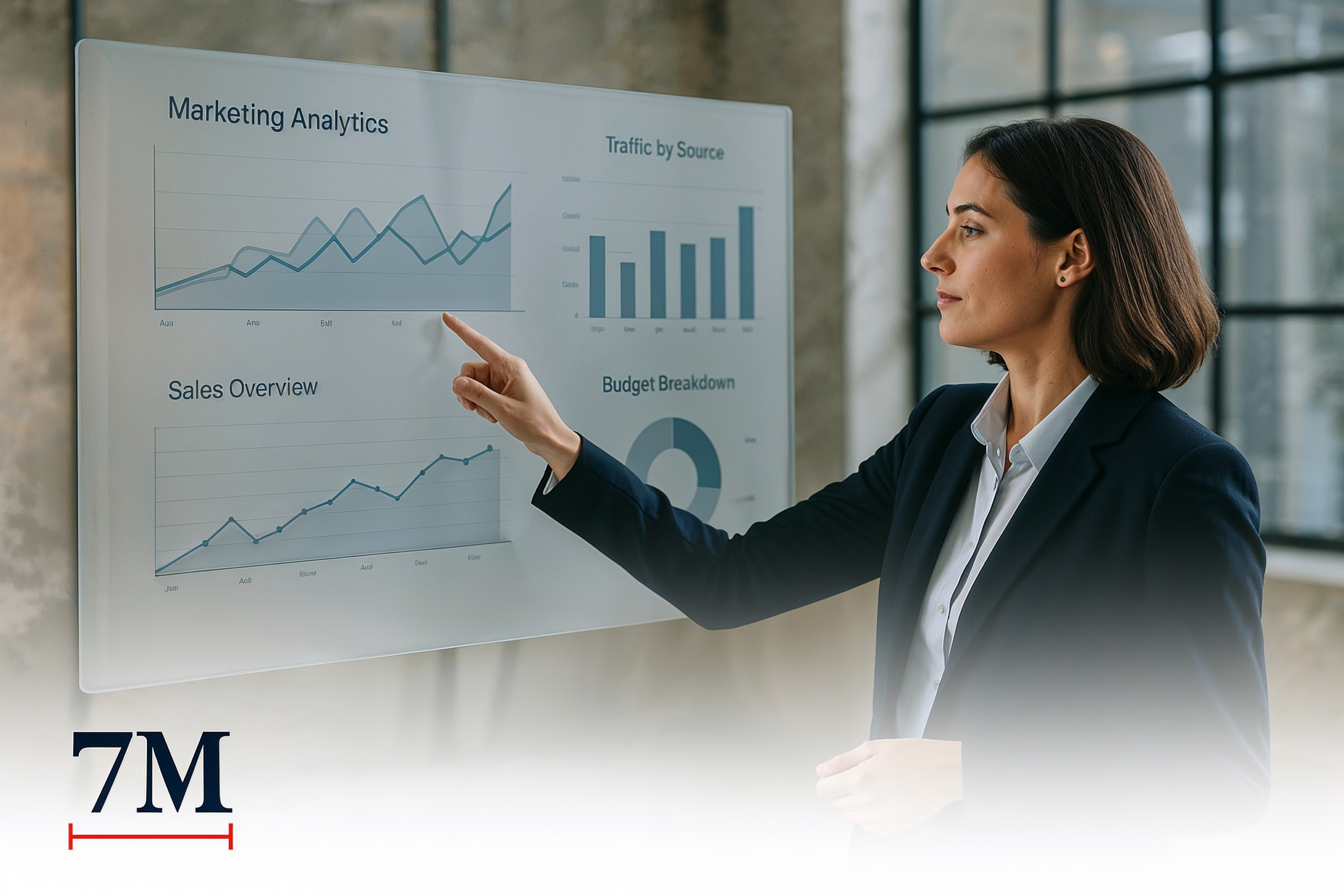 Business professional reviewing marketing analytics on a digital dashboard in a creative workspace