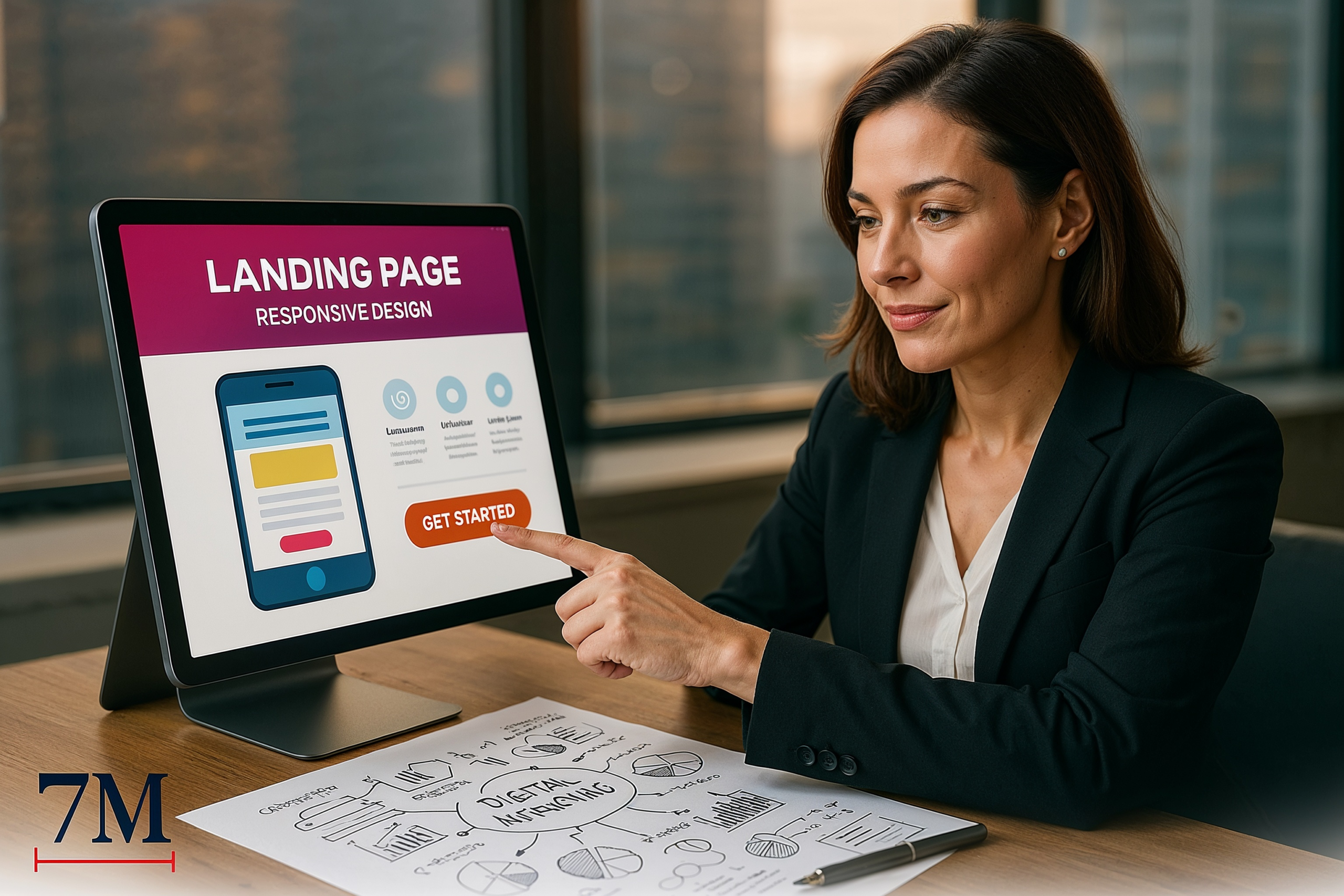 Professional woman in business attire planning a Facebook ad landing page strategy in a modern workspace