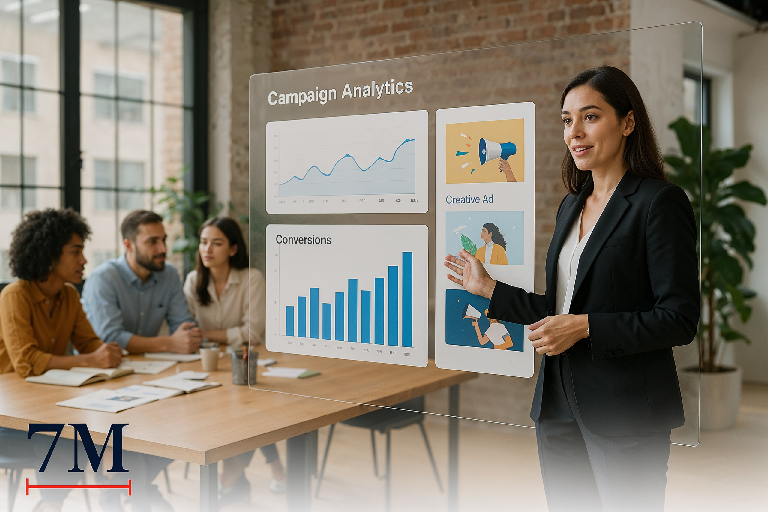 Businesswoman presenting advertising data insights in a modern collaborative workspace with team brainstorming.