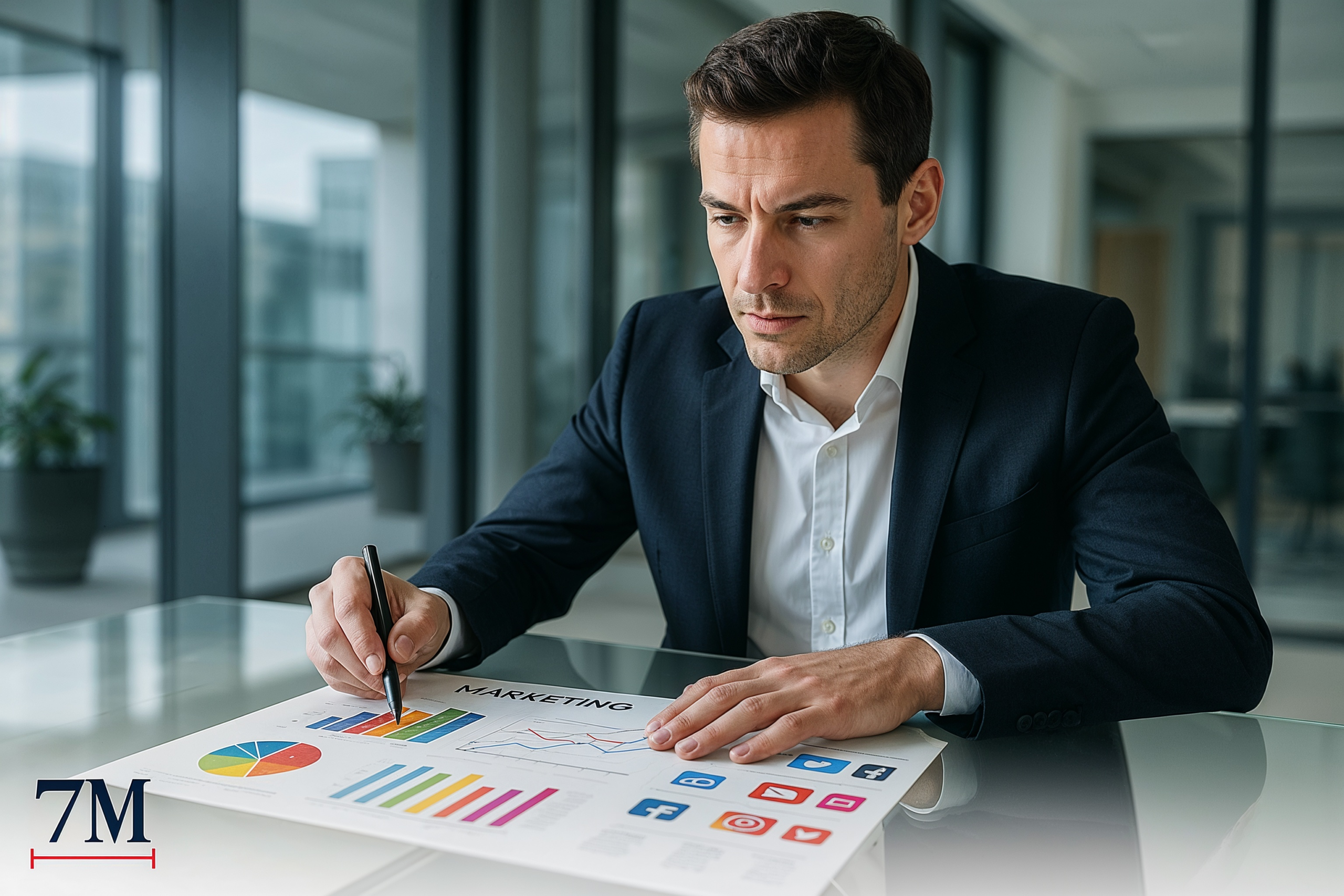 Business professional analyzing a multi-channel marketing dashboard with charts and social icons in a modern office