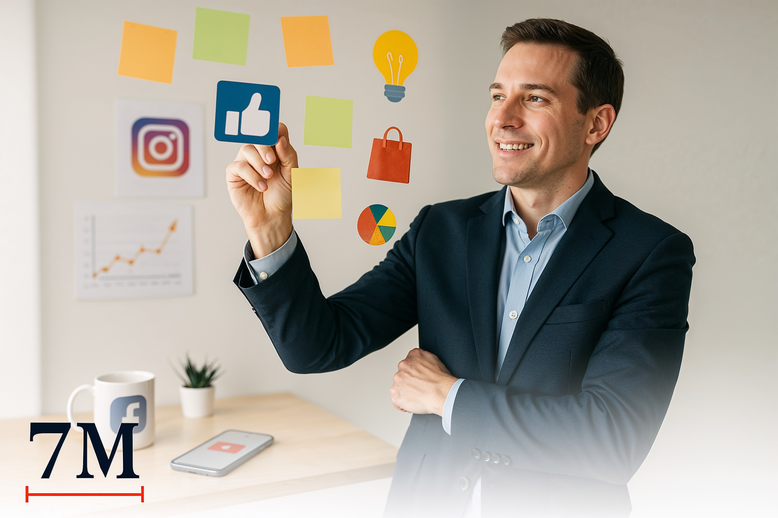 Small business owner brainstorming modern marketing strategies in a creative workspace, surrounded by digital marketing icons and charts