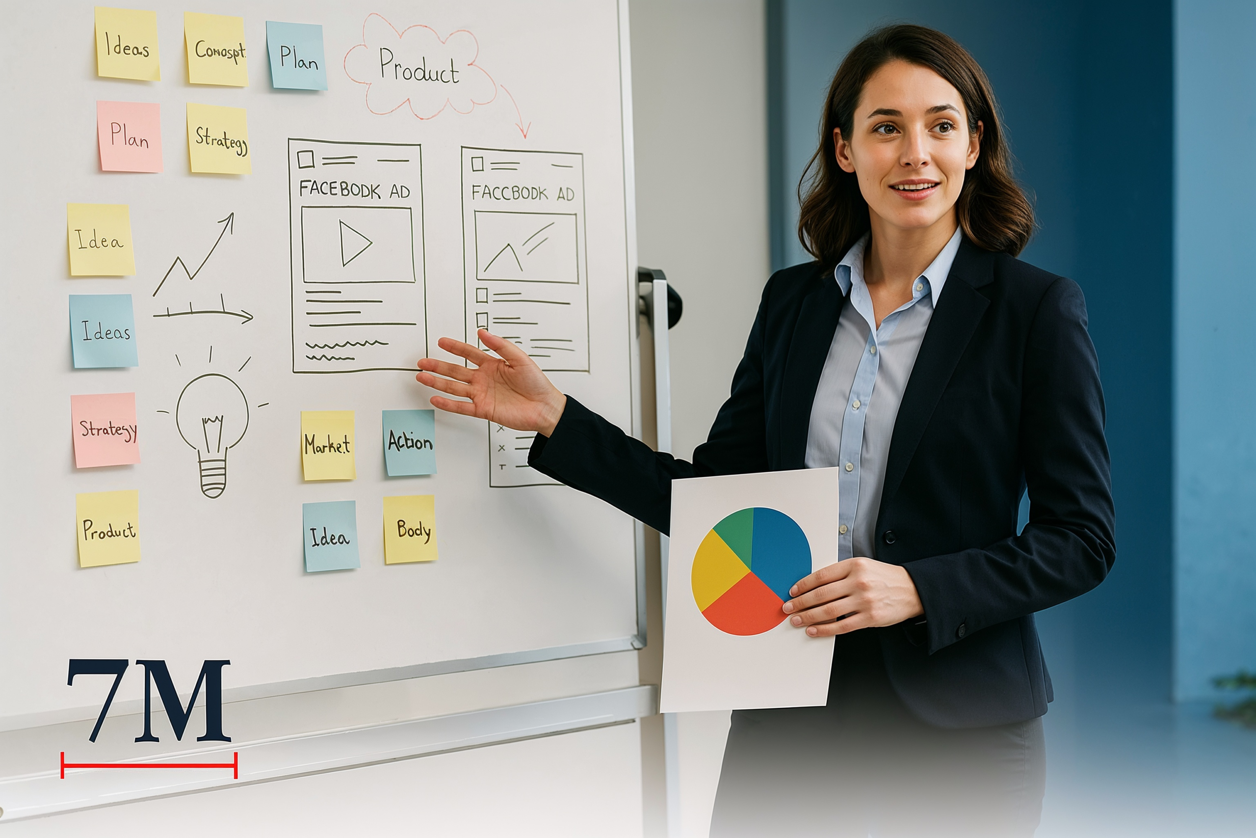 Business professional strategizing Facebook ad campaign with creative visuals and data charts in a modern workplace.