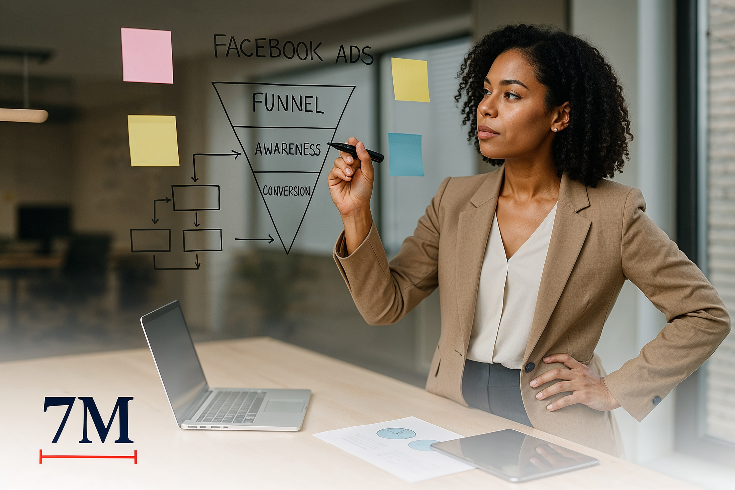Businesswoman strategizing Facebook ads funnel on glass wall in a modern office, symbolizing digital marketing planning and automation.